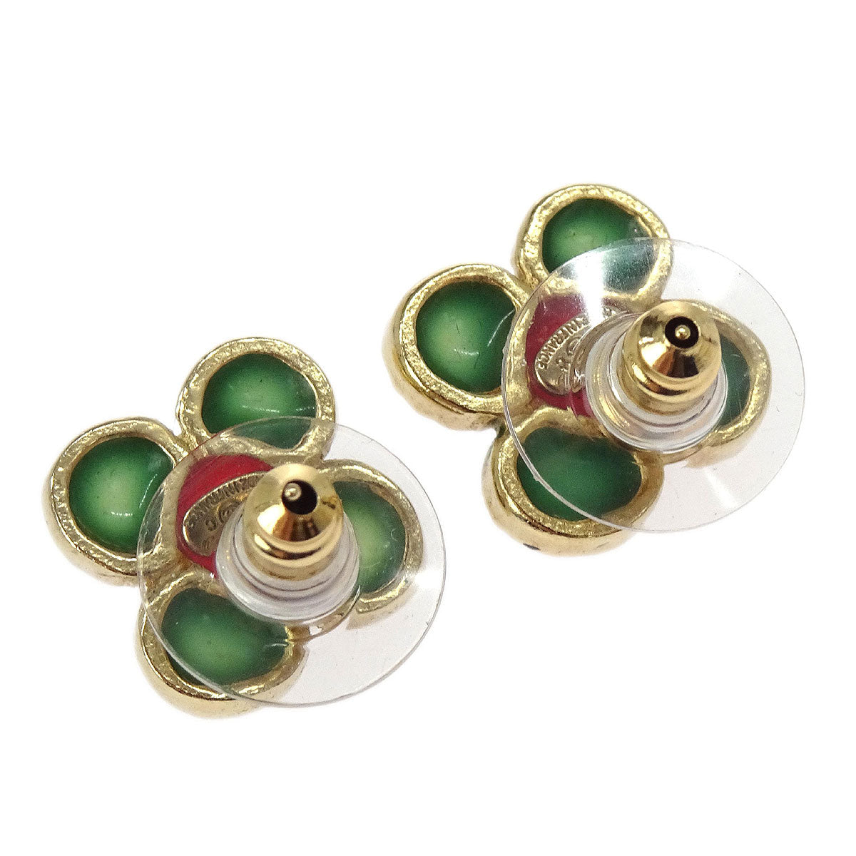 Chanel Pierced Earrings Gold Green Clover A18C