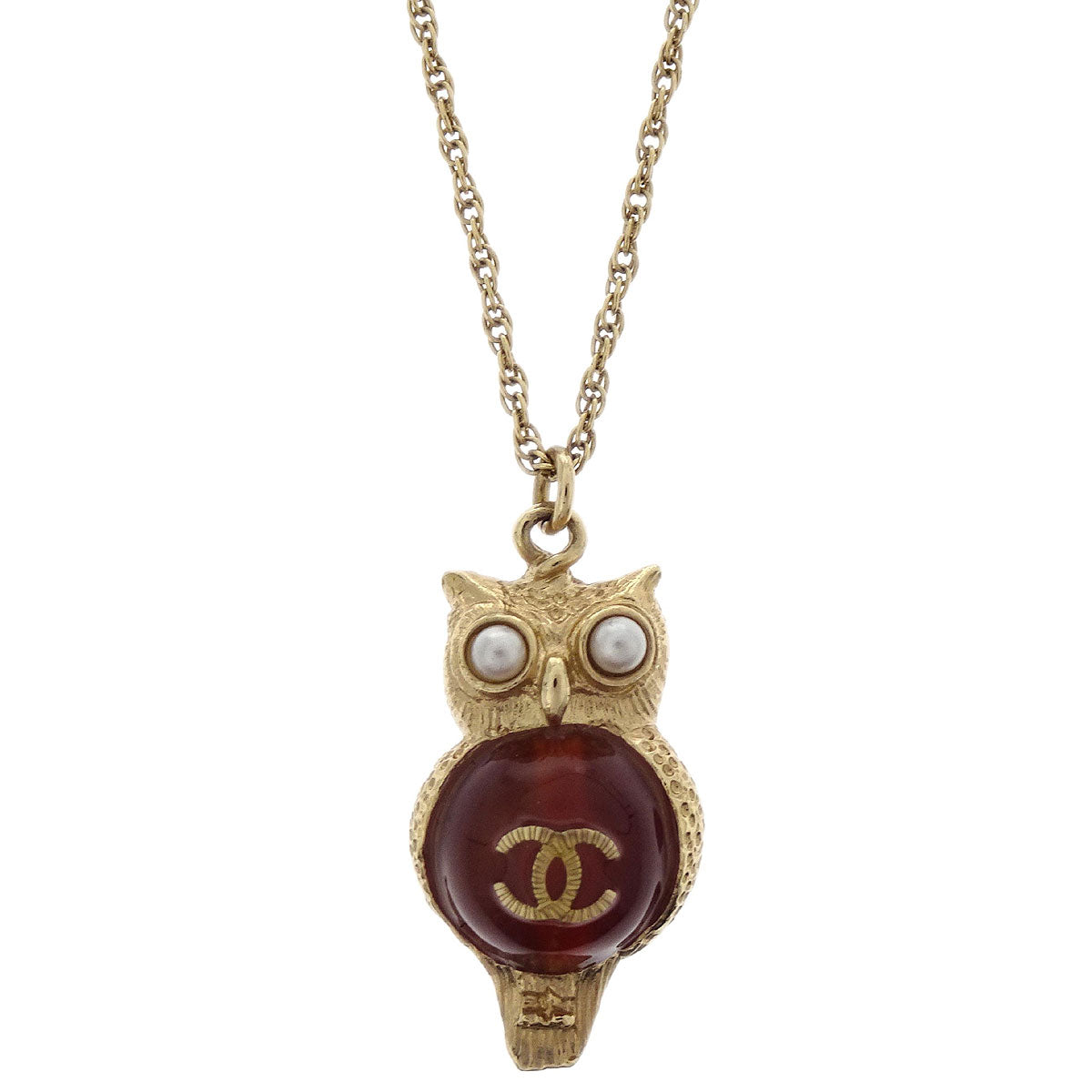 Chanel Chain Pendant Necklace Gripoix Costume Pearl Owl Gold A18C