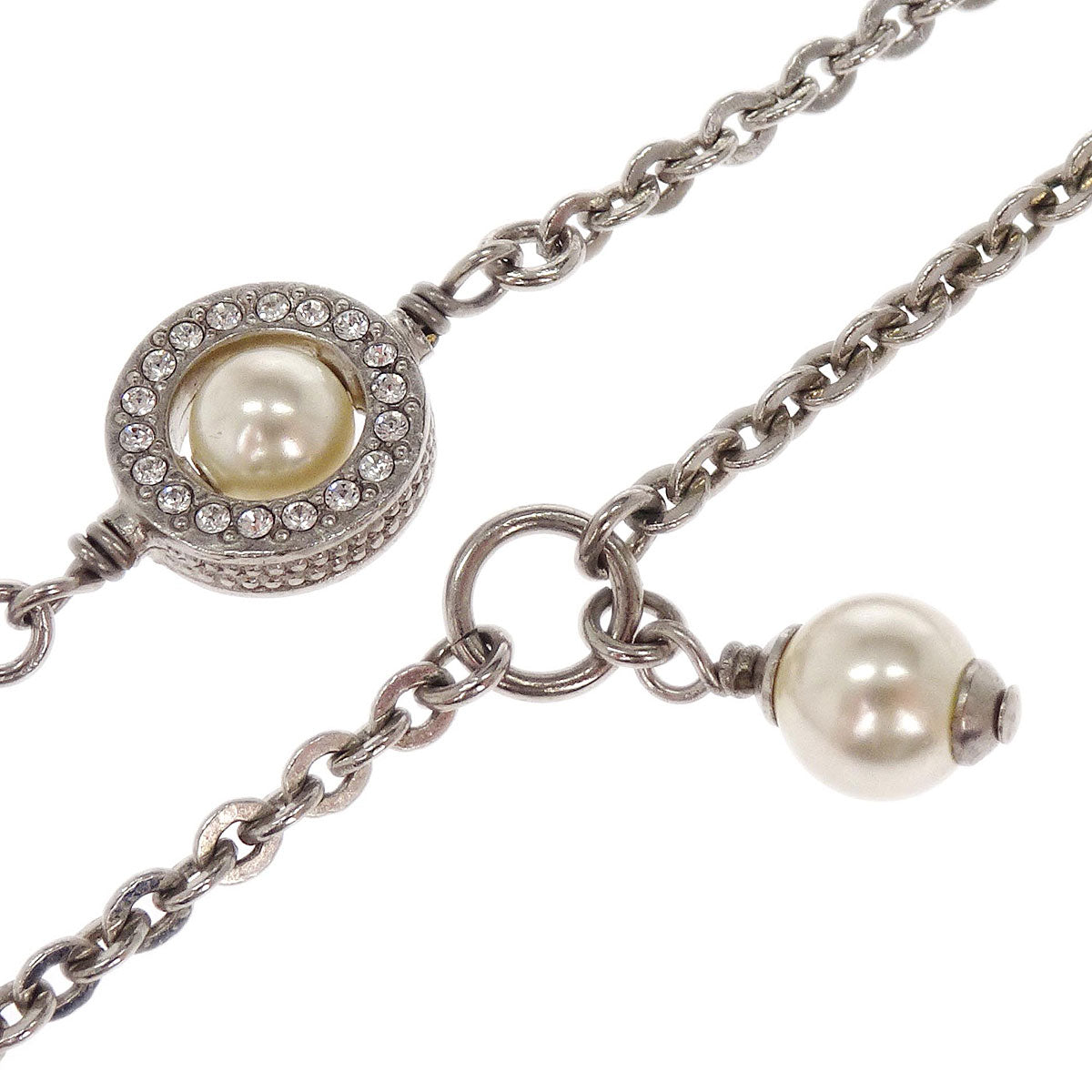 Chanel CC Chain Necklace Pendant Silver Costume Pearl Rhinestone F19K