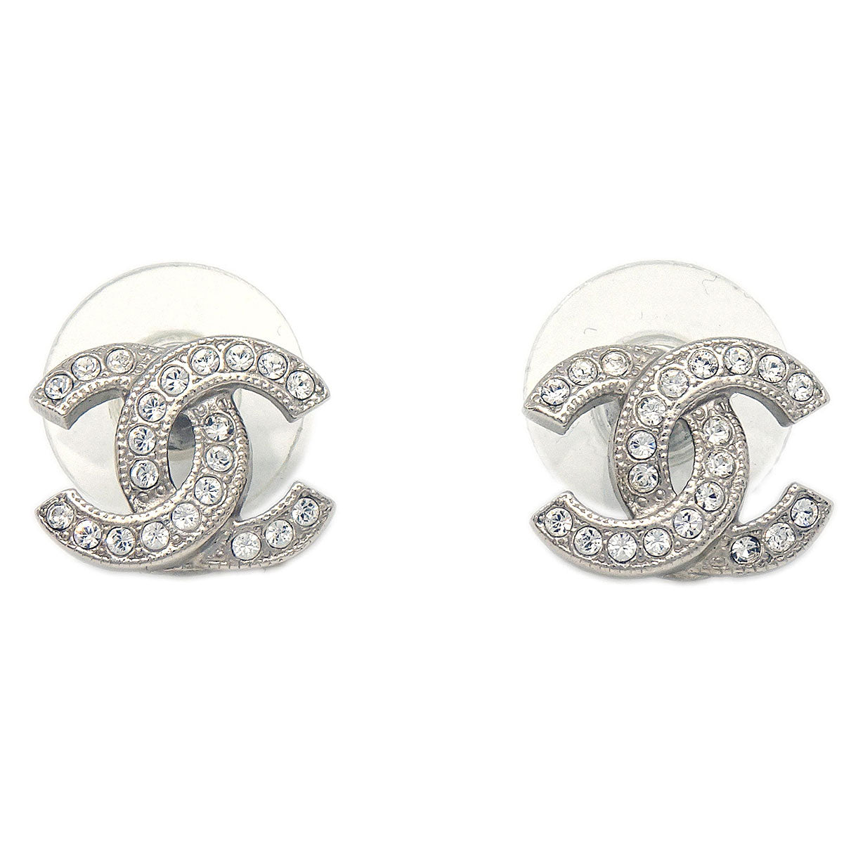 Chanel CC Pierced Earrings Silver Rhinestone F19V