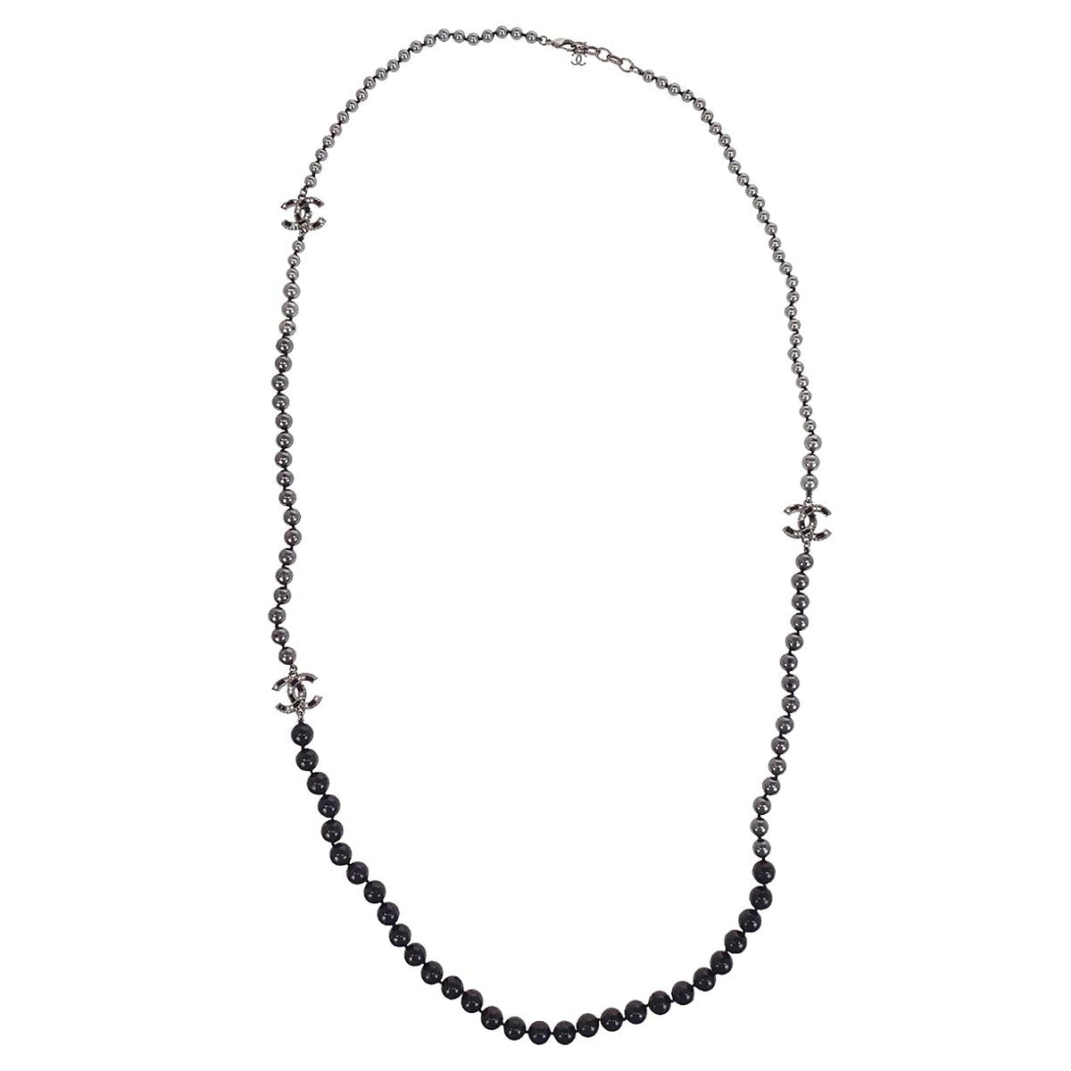 Chanel Chain Necklace Silver Rhinestone Costume Pearl A16V