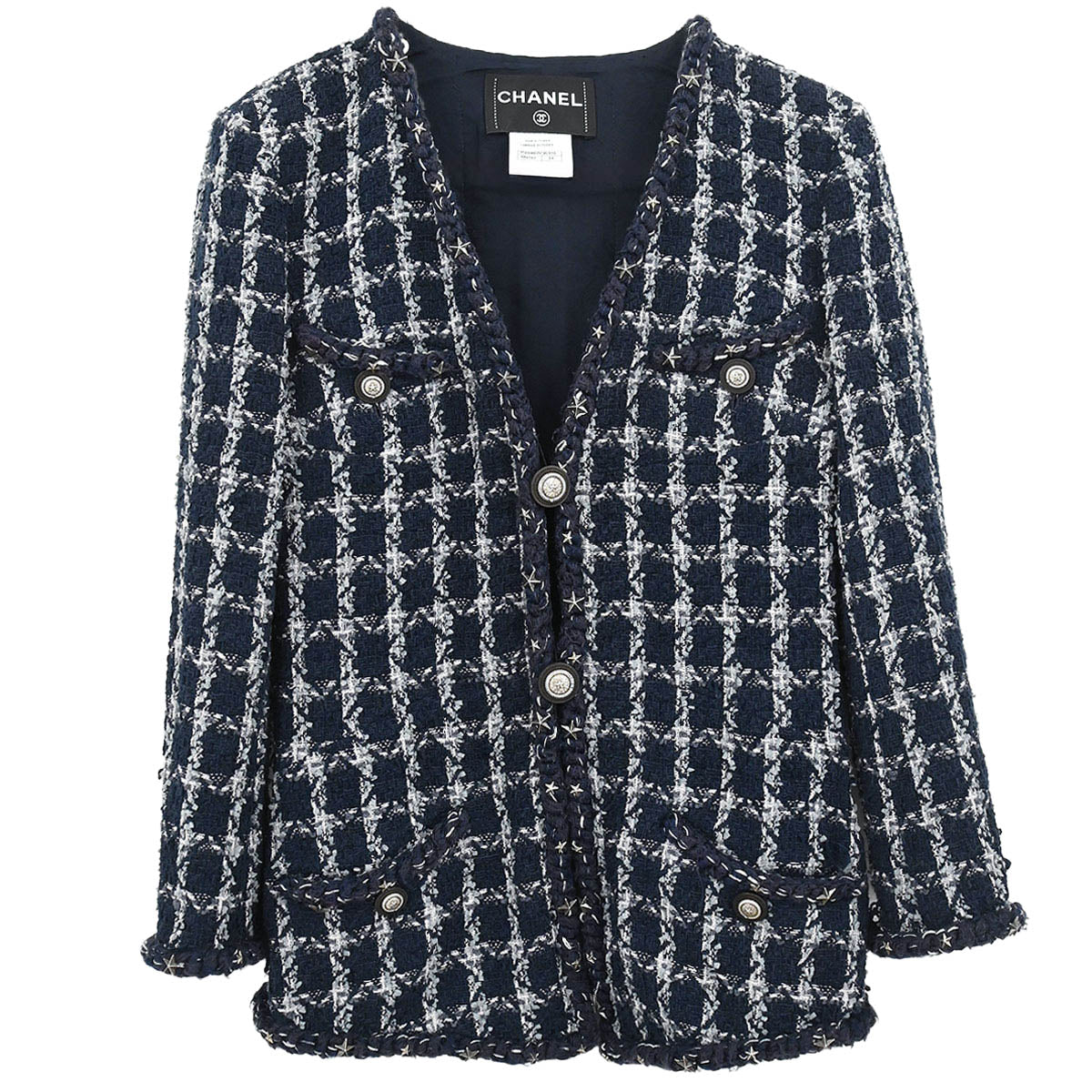 Chanel 2014-2015 Single Breasted Collarless Tweed Jacket Navy #34