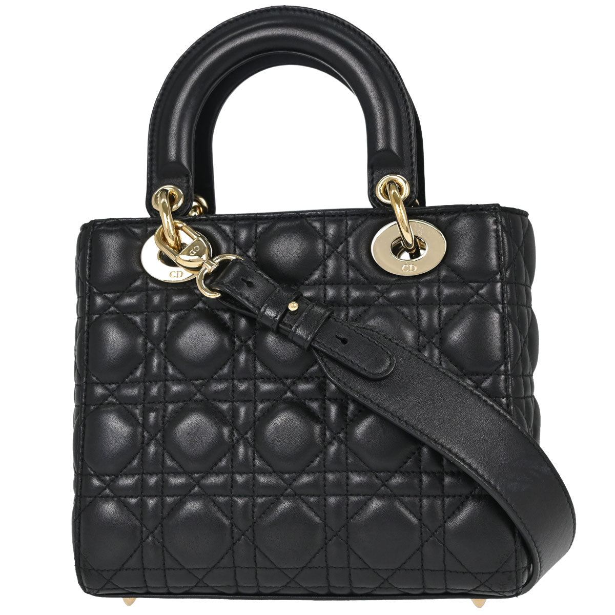 Christian Dior Black Lambskin Small Lady Dior Cannage 2way Shoulder Handbag