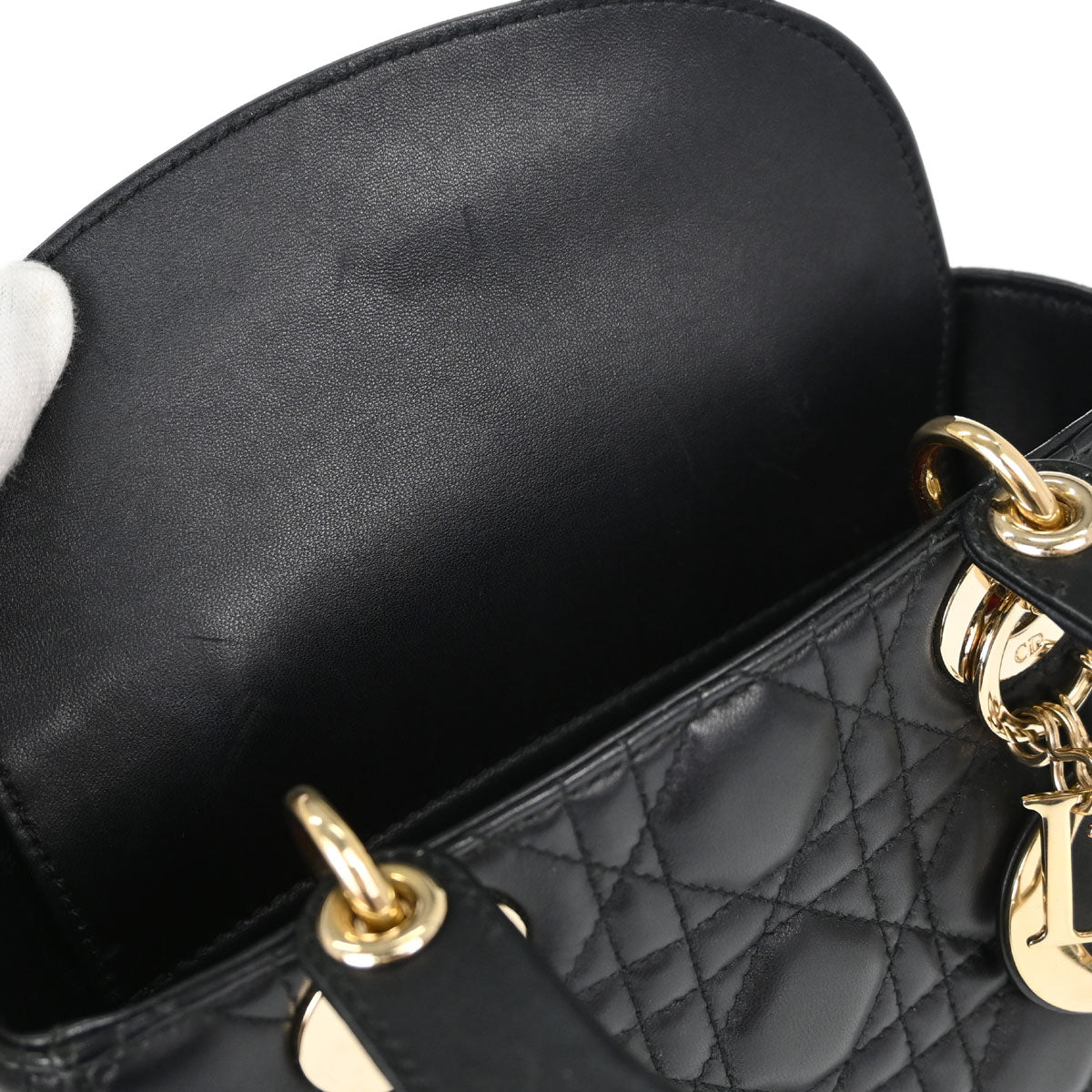 Christian Dior Black Lambskin Small Lady Dior Cannage 2way Shoulder Handbag