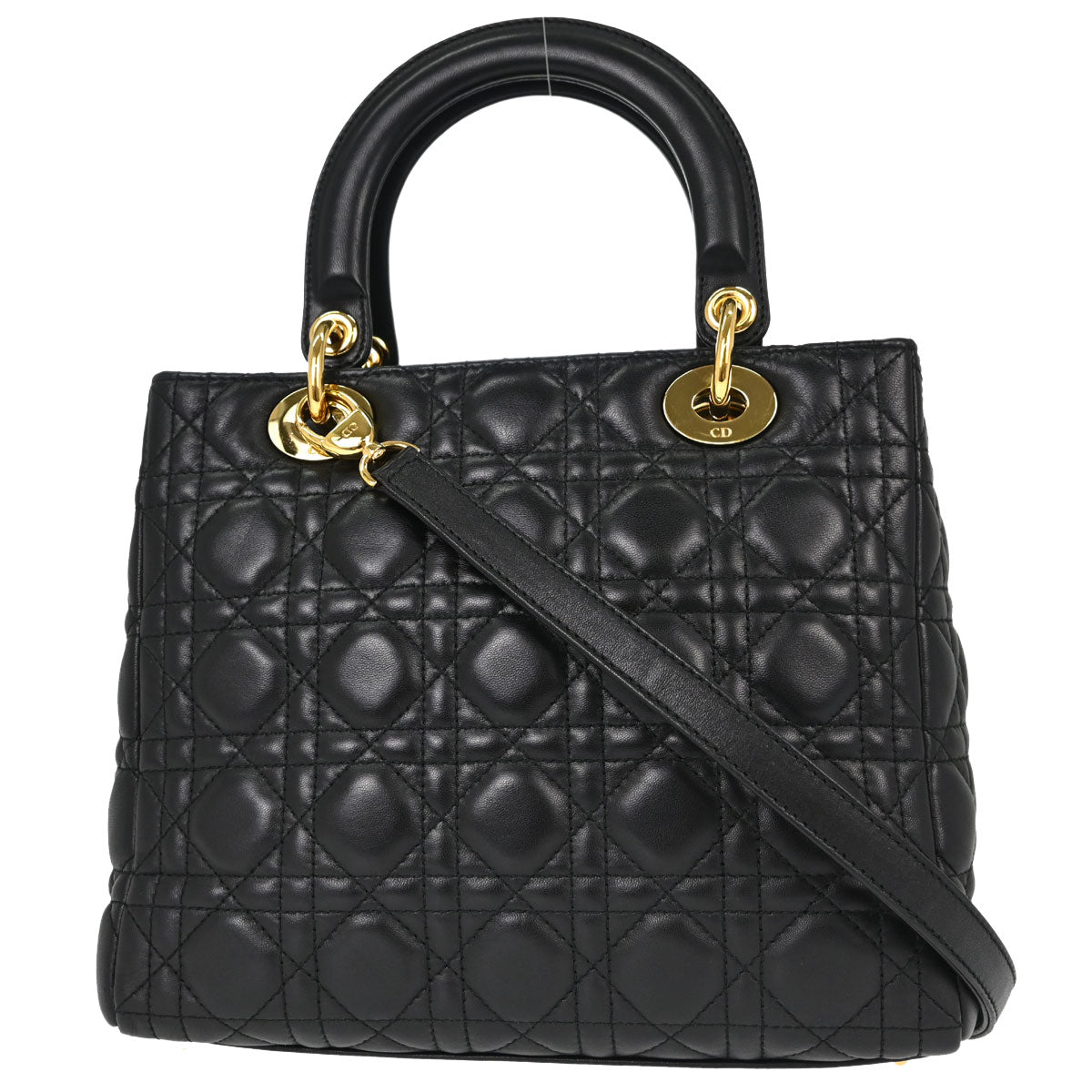 Christian Dior Black Lambskin Medium Lady Dior Cannage 2way Shoulder Handbag