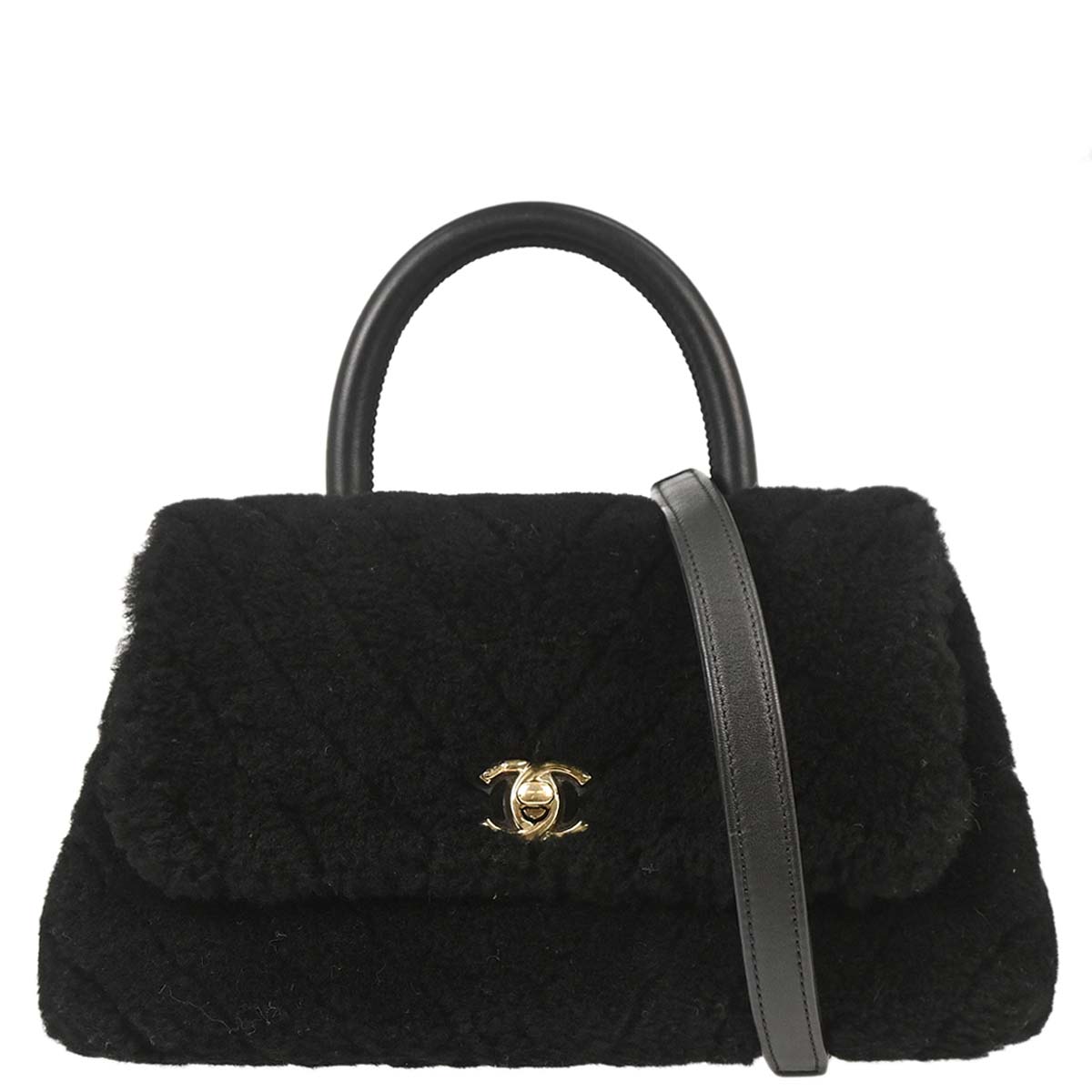 Chanel Black Mouton Chevron Coco Handle 2way Shoulder Handbag