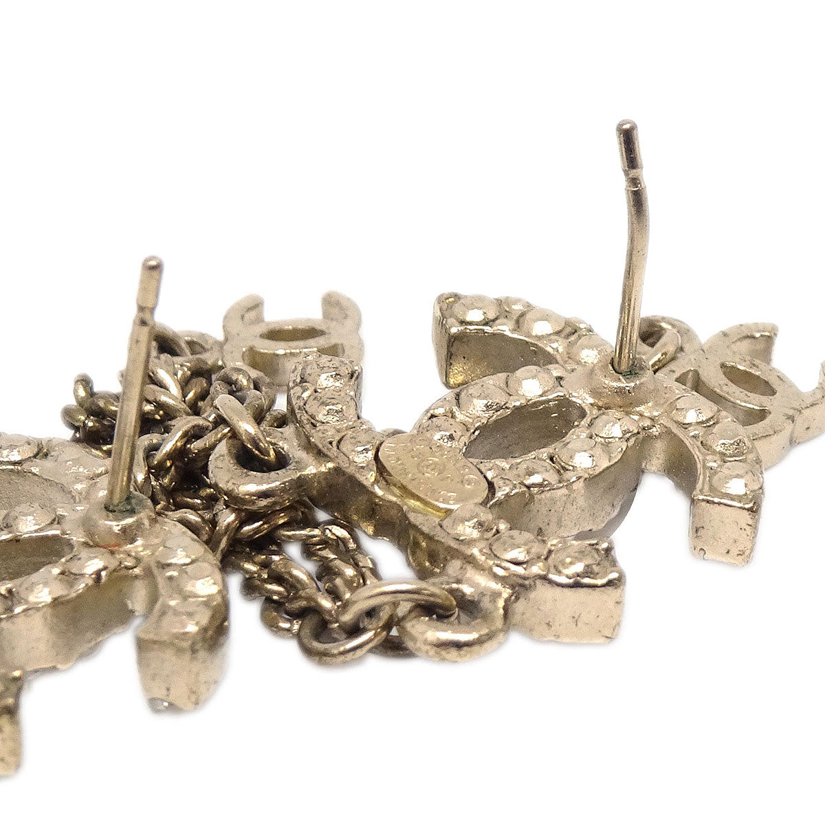 Chanel Dangle CC Pierced Earrings Gold Costume Pearl A13P