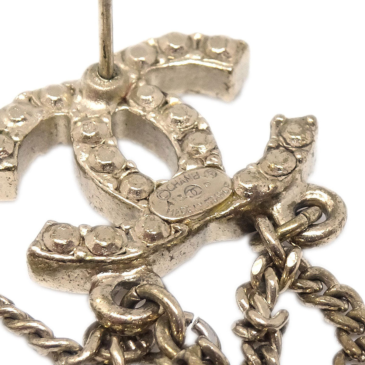 Chanel Dangle CC Pierced Earrings Gold Costume Pearl A13P