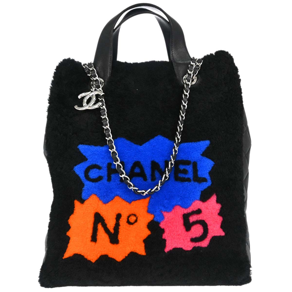 Chanel 2014-2015 Black Wool Lambskin 2way Shearling Comic Tote Handbag