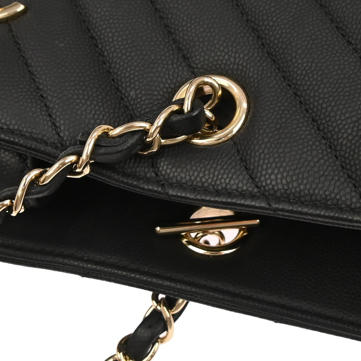 Chanel 2019 Black Caviar Skin Chevron Shopping Tote Chain Handbag