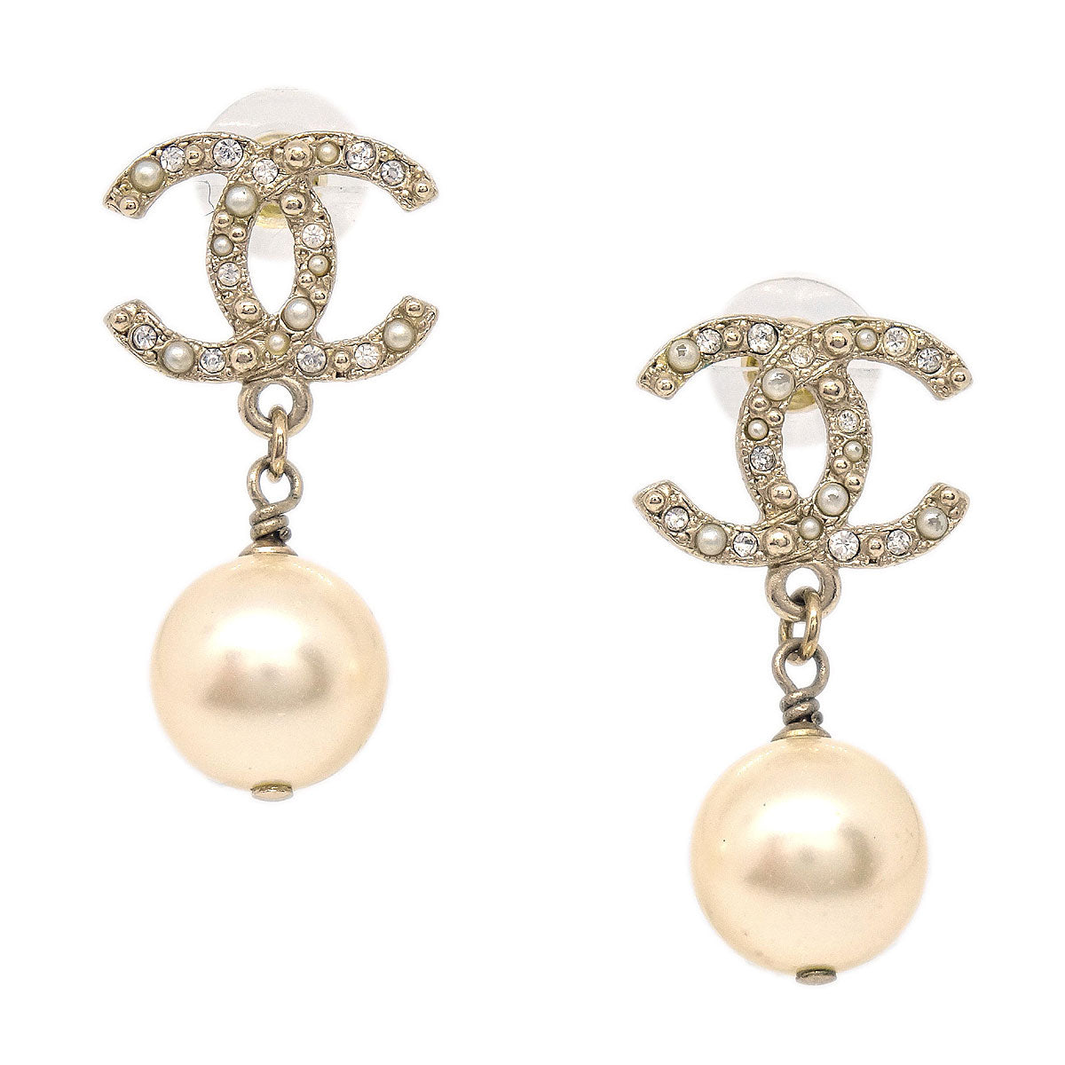 Chanel Dangle CC Pierced Earrings Gold Rhinestone Artificial Pearl A13P