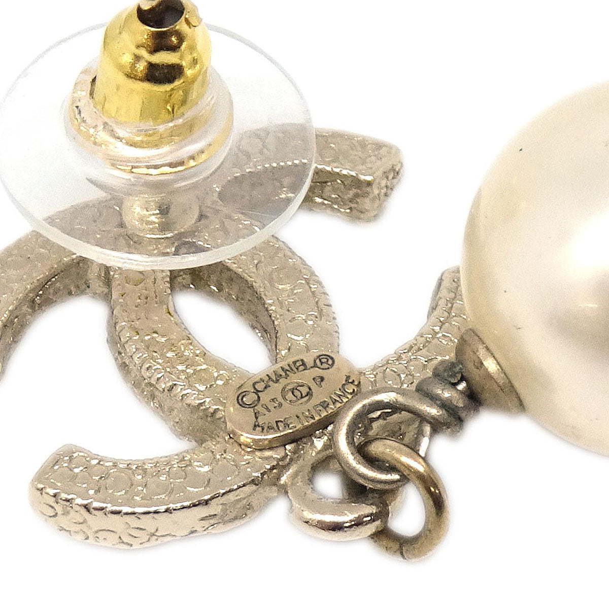 Chanel Dangle CC Pierced Earrings Gold Rhinestone Artificial Pearl A13P