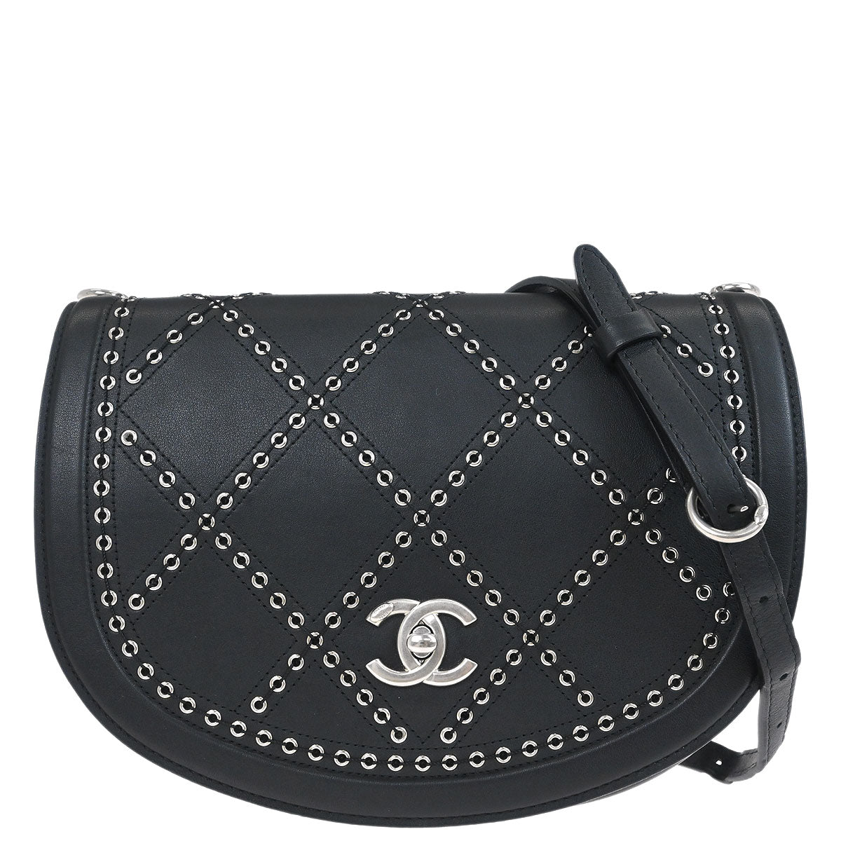 Chanel 2018 Black Calfskin Coco Eyelets Round Flap Shoulder Bag