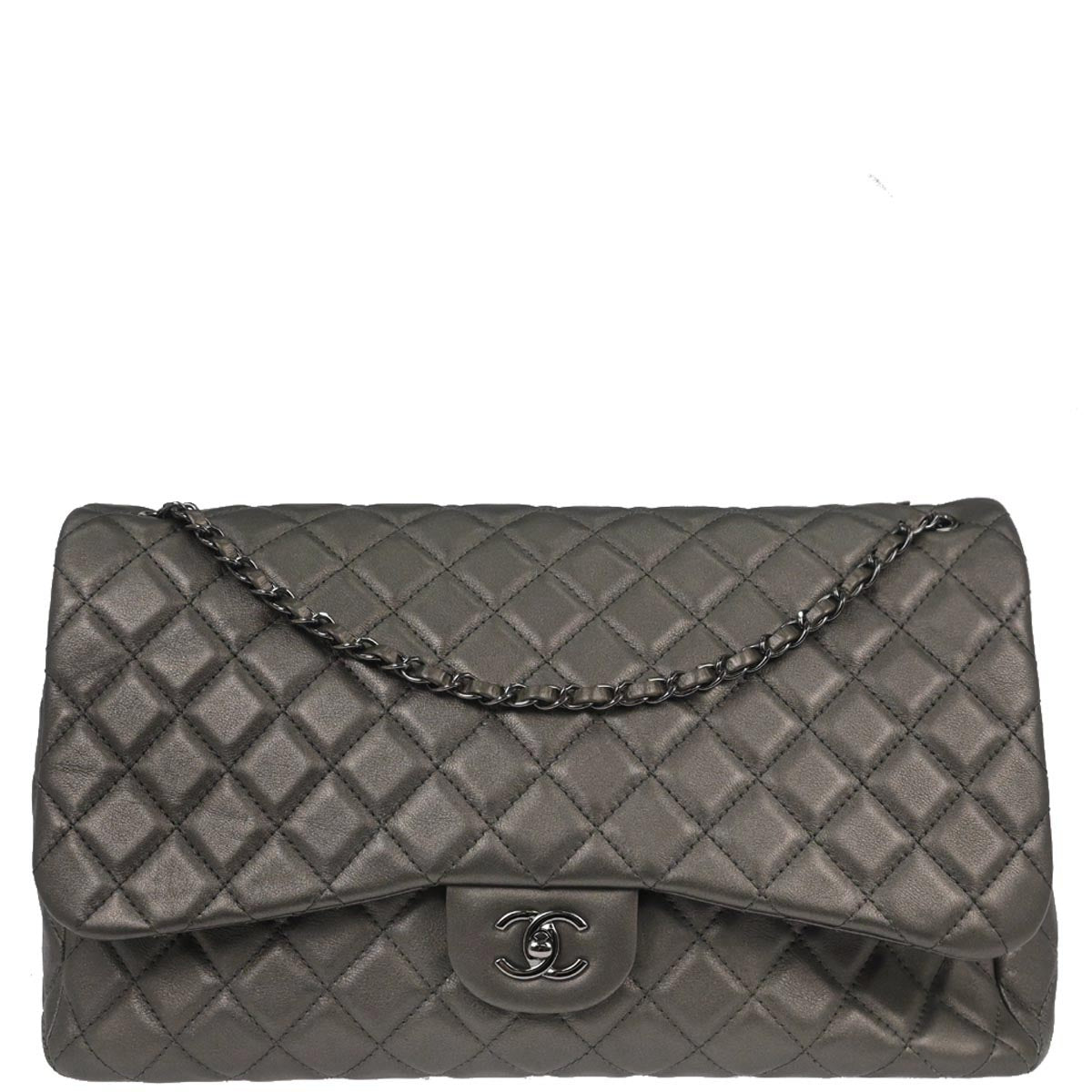 Chanel Silver Lambskin Flap Shoulder Bag