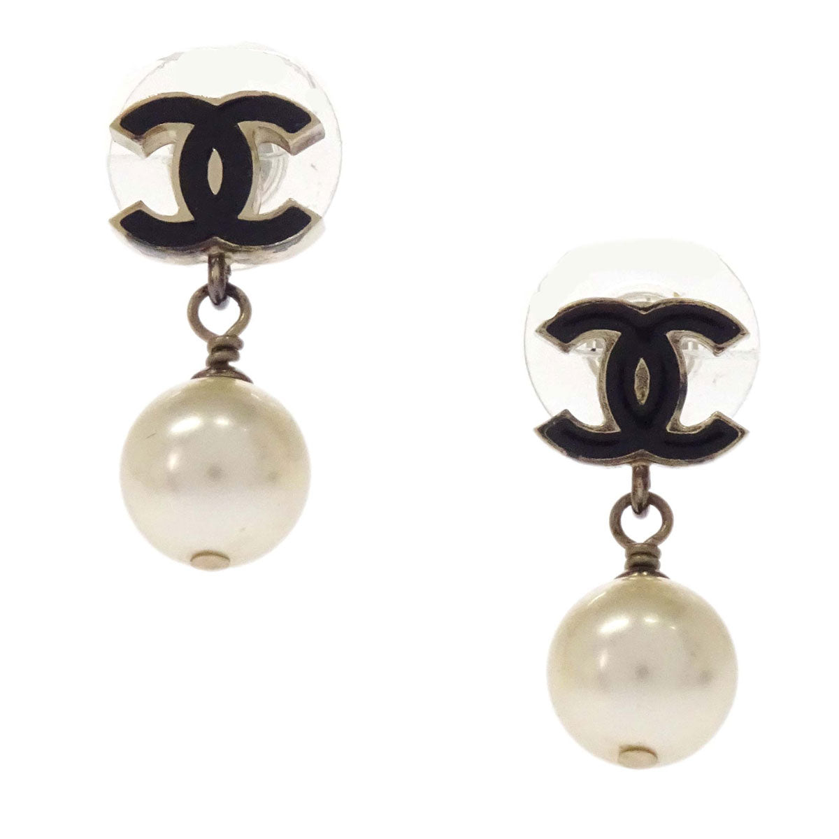Chanel Dangle Pierced Earrings CC Costume Pearl Gold A11C