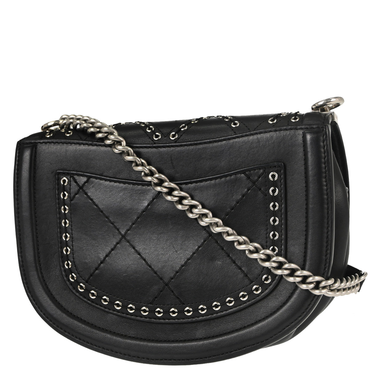 Chanel Black Calfskin Coco Eyelets Round Flap Shoulder Bag