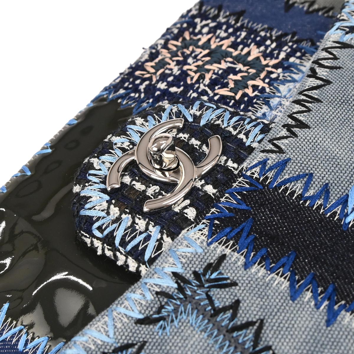 Chanel 2014-2015 Blue Tweed Jumbo Single Flap Patchwork Shoulder Bag