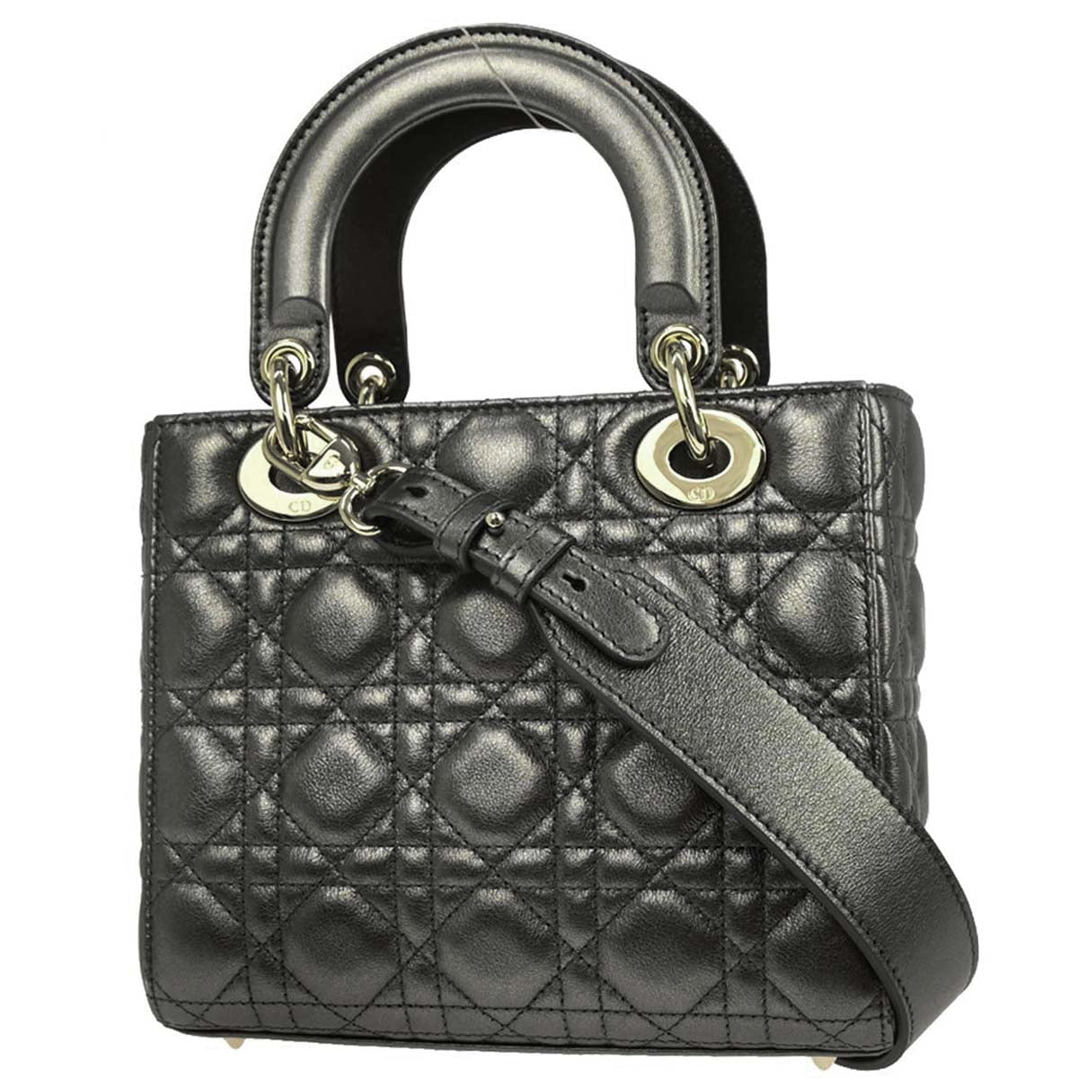 Christian Dior Silver Lambskin Small Lady Dior Cannage 2way Shoulder Handbag