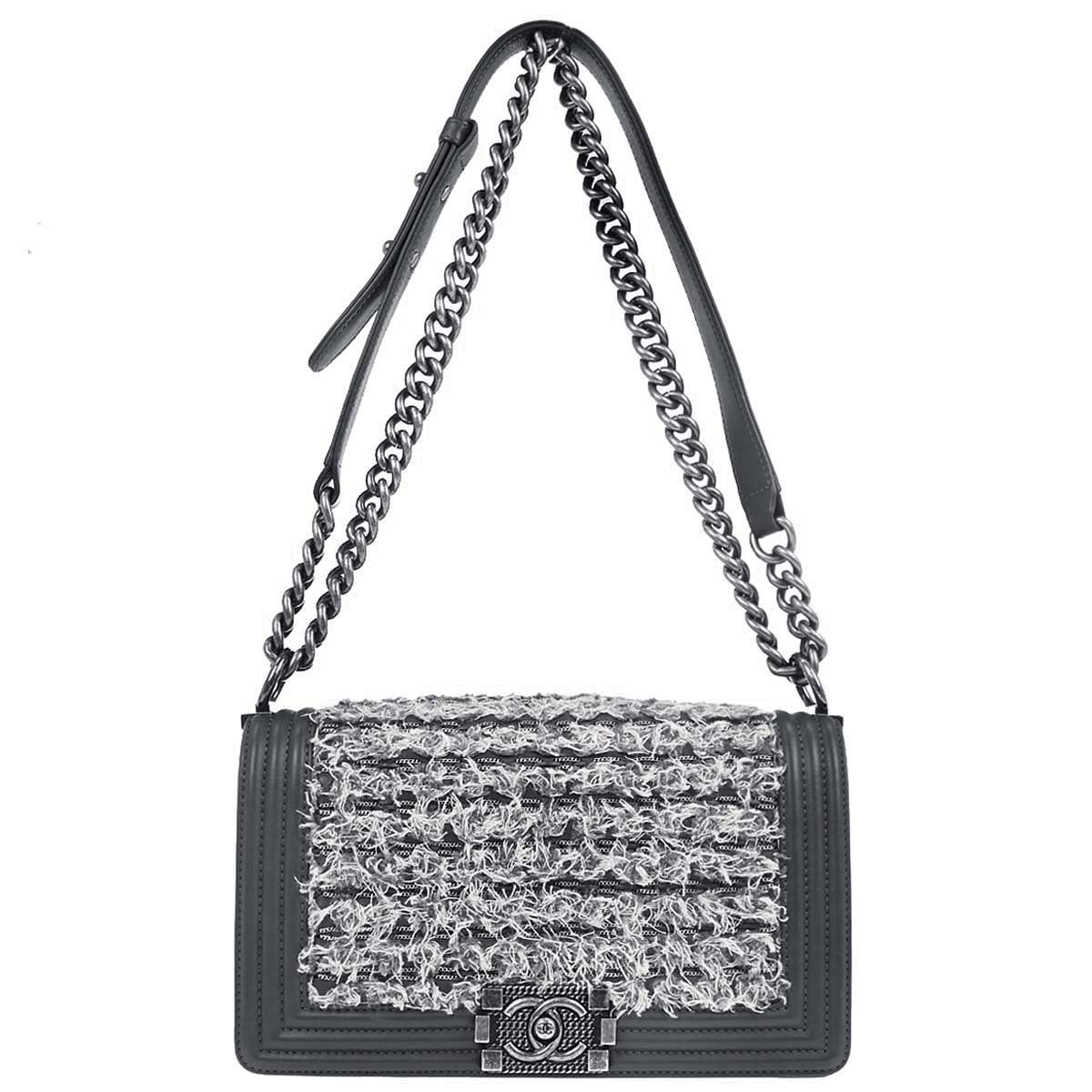 Boy Chanel Gray Tweed Lambskin Medium Double Chain Shoulder Bag