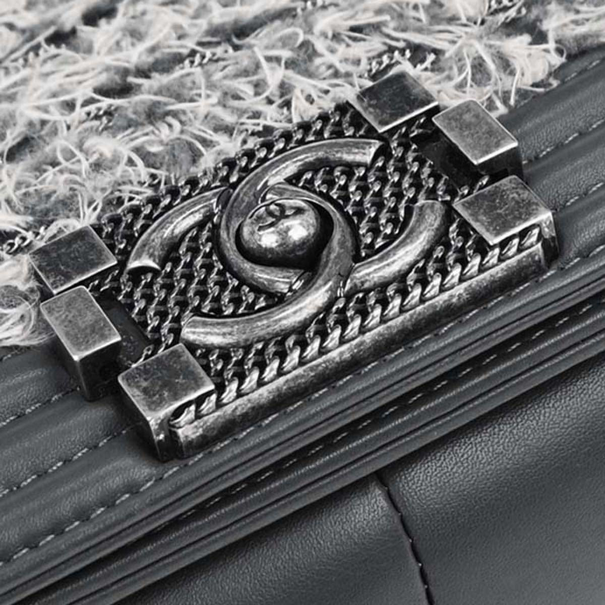 Boy Chanel Gray Tweed Lambskin Medium Double Chain Shoulder Bag