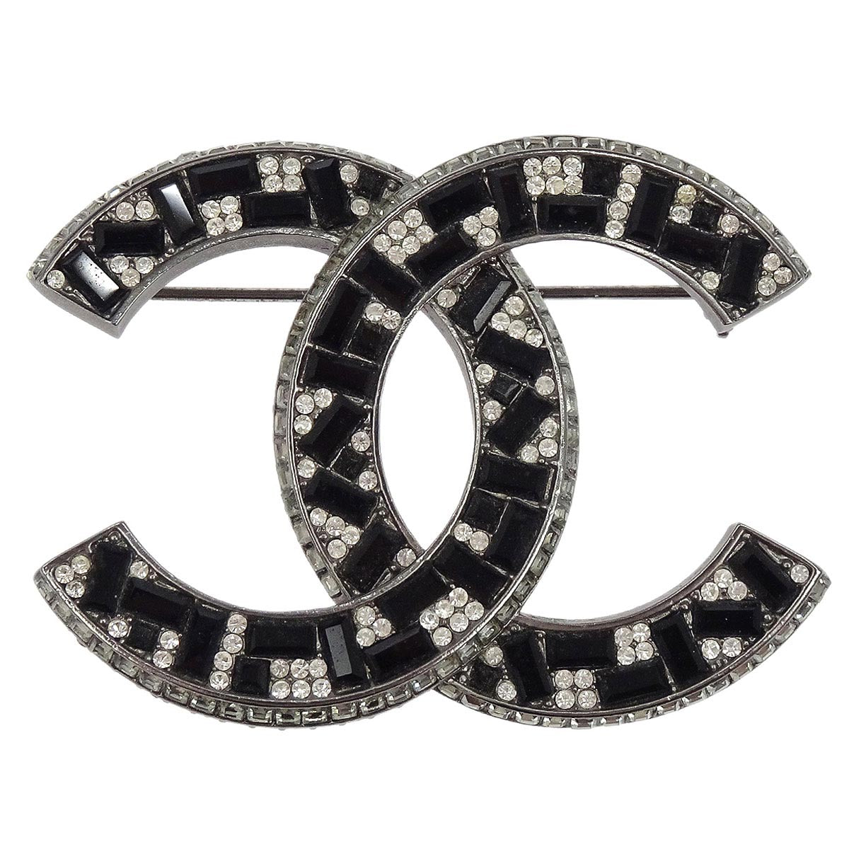 Chanel CC Rhinestone Brooch Pin Silver A15B