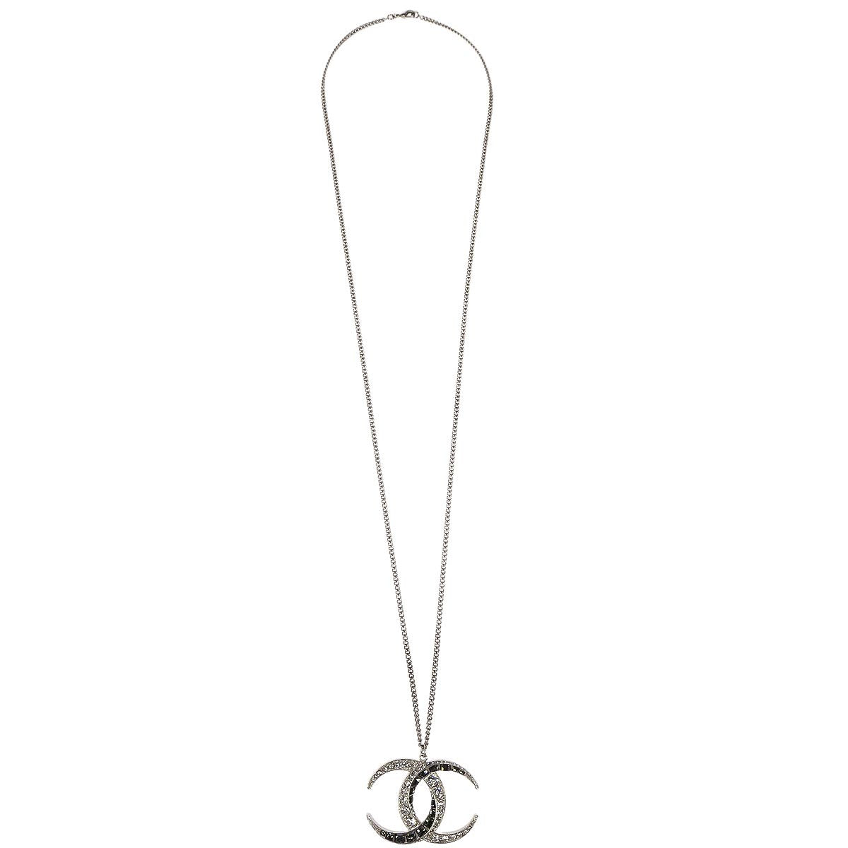 Chanel CC Chain Pendant Necklace Silver Rhinestone B15C