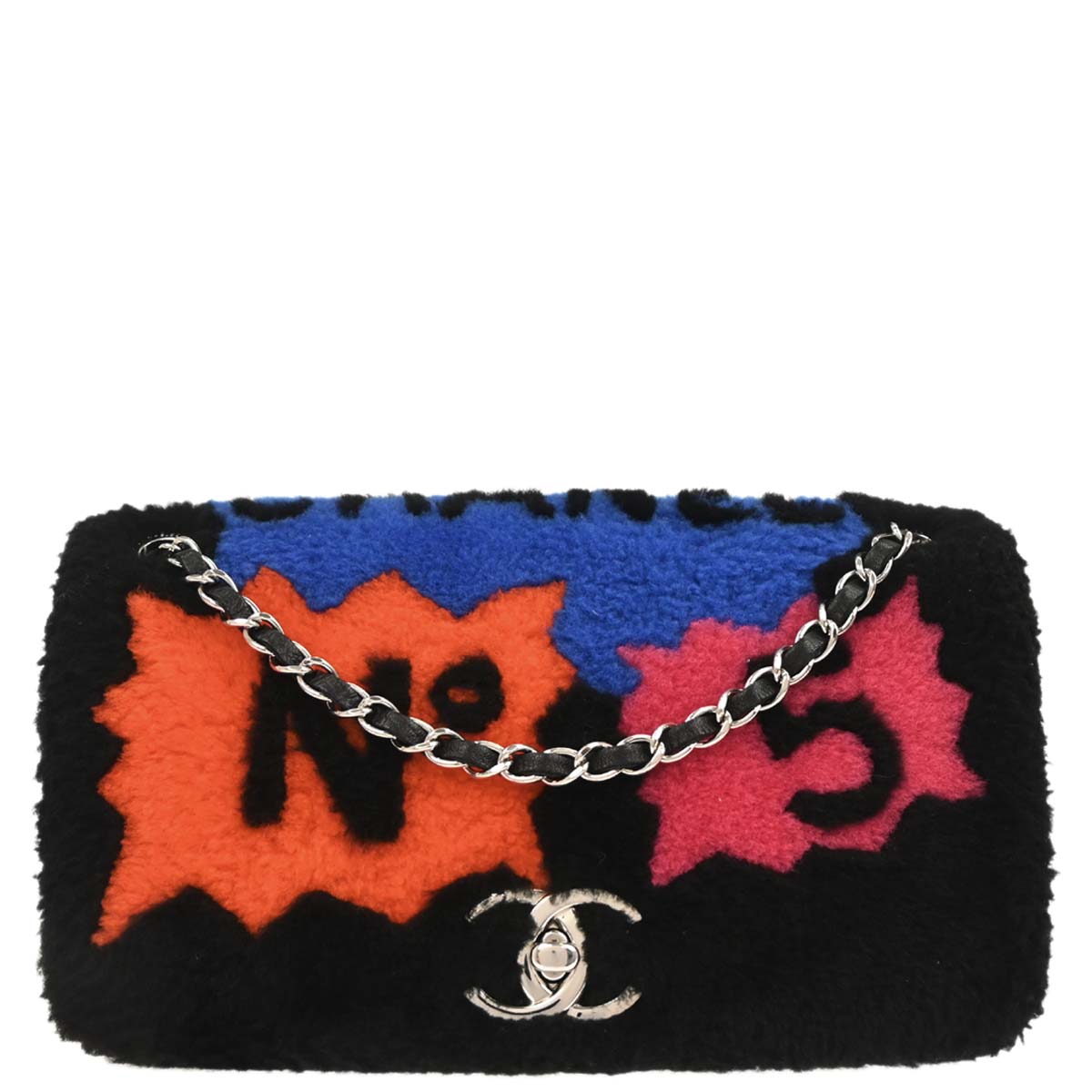 Chanel 2014-2015 Black Wool No.5 Turnlock Full Flap Shoulder Bag