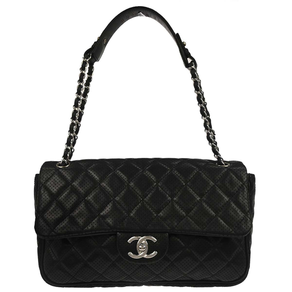 Chanel 2014 Black Perforated Lambskin Jumbo Classic Flap Handbag