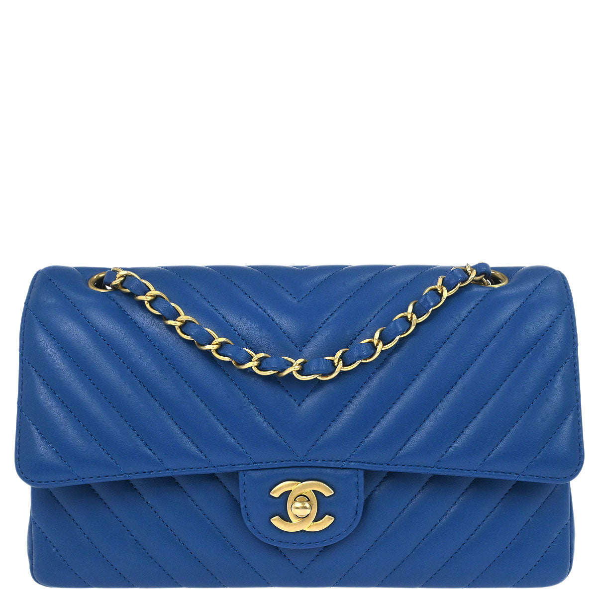 Chanel 2019 Blue Lambskin Chevron Medium Classic Double Flap Shoulder Bag