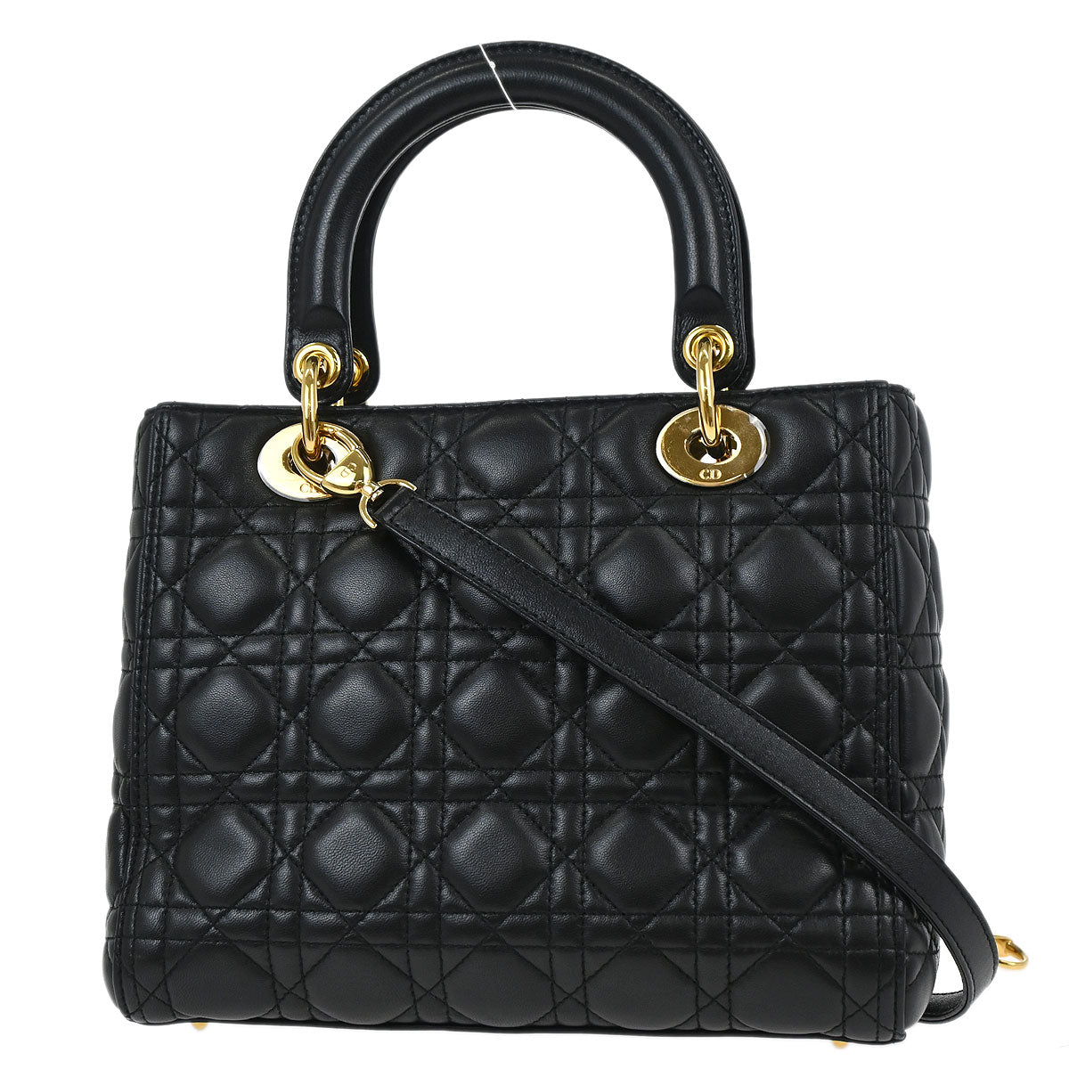 Christian Dior Black Lambskin Medium Lady Dior Cannage 2way Shoulder Handbag