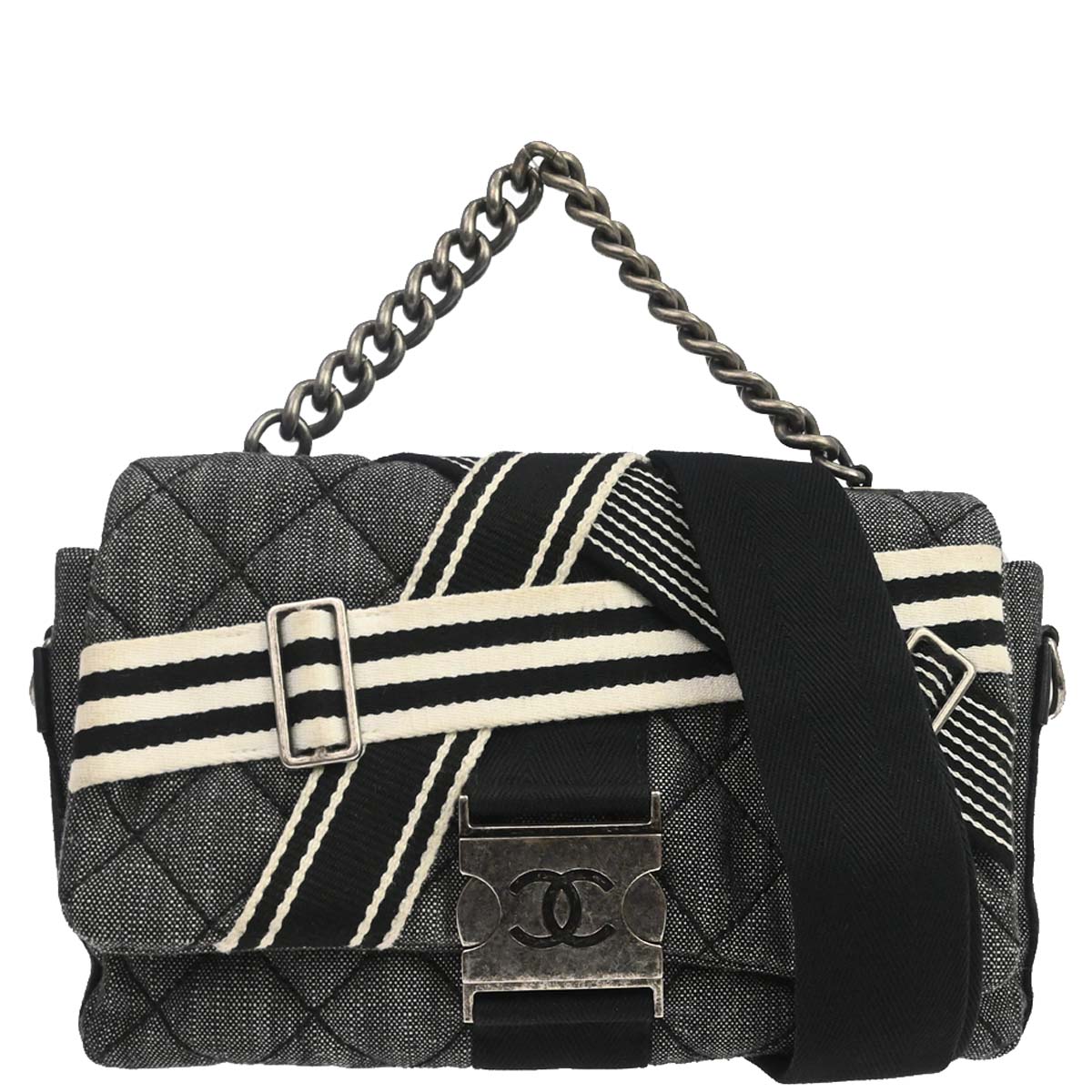 Chanel Black Quilted Denim Medium Airlines Buckle 2way Shoulder Handbag