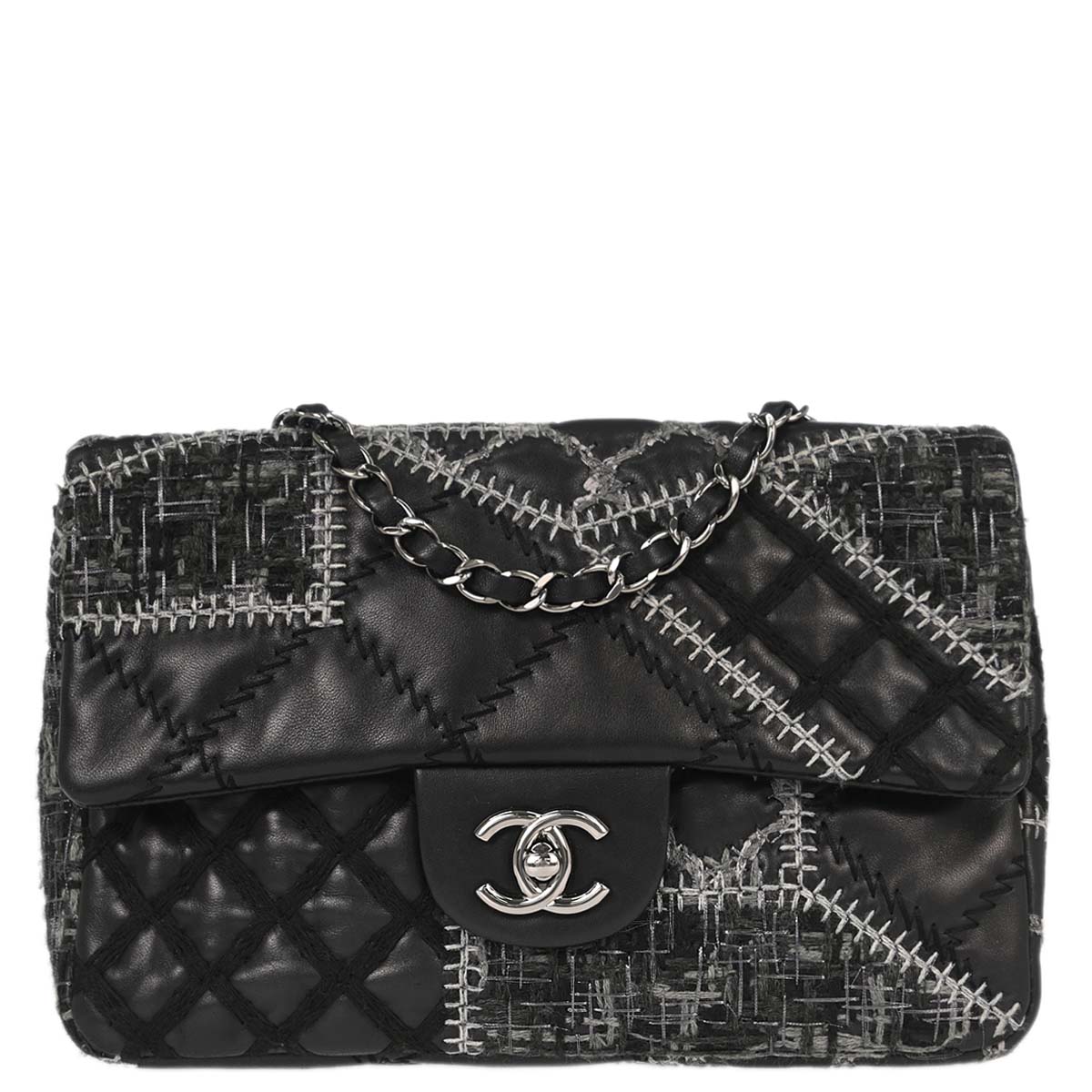 Chanel Black Tweed Lambskin Patchwork Stitch Shoulder Bag