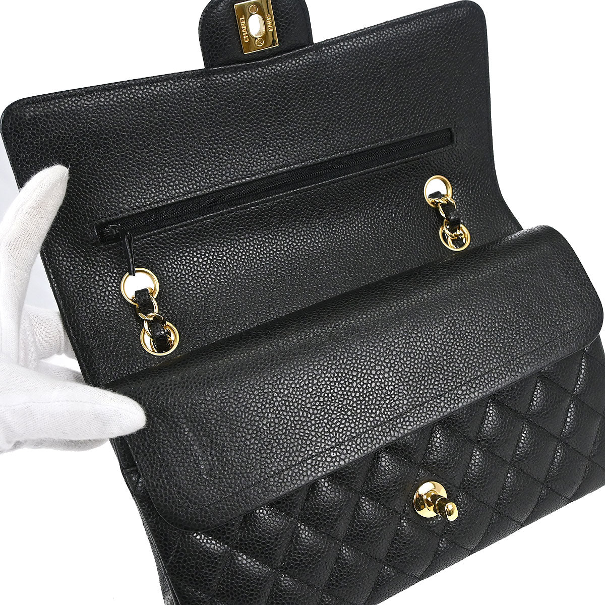 Chanel 2018-2019 Black Caviar Skin Medium Classic Double Flap Shoulder Bag