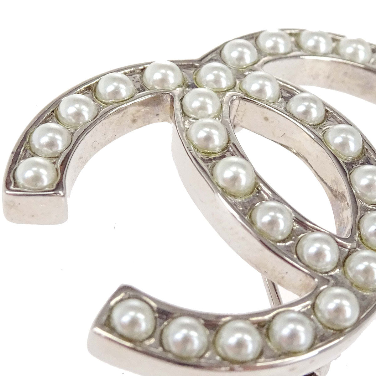 Chanel CC Costume Pearl Brooch Pin Silver D11V