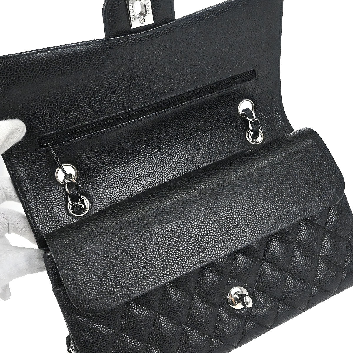 Chanel 2017-2018 Black Caviar Skin Medium Classic Double Flap Shoulder Bag