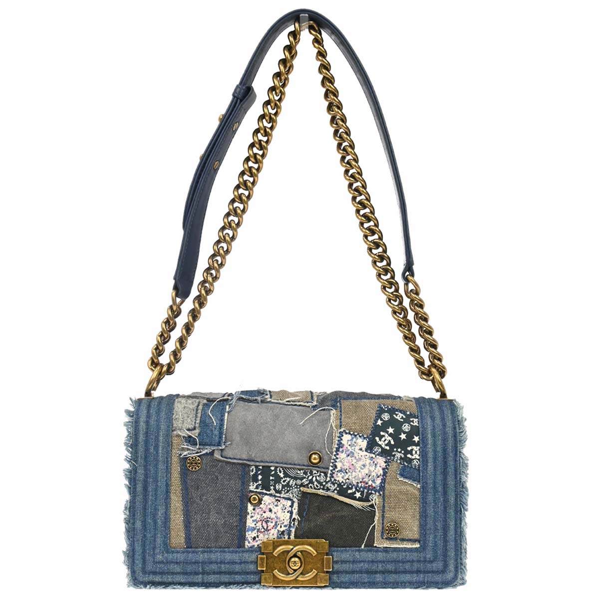 Boy Chanel 2014-2015 Blue Denim Patchwork Medium Chain Shoulder Bag