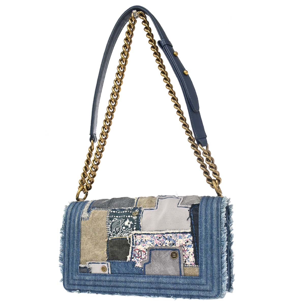 Boy Chanel 2014-2015 Blue Denim Patchwork Medium Chain Shoulder Bag