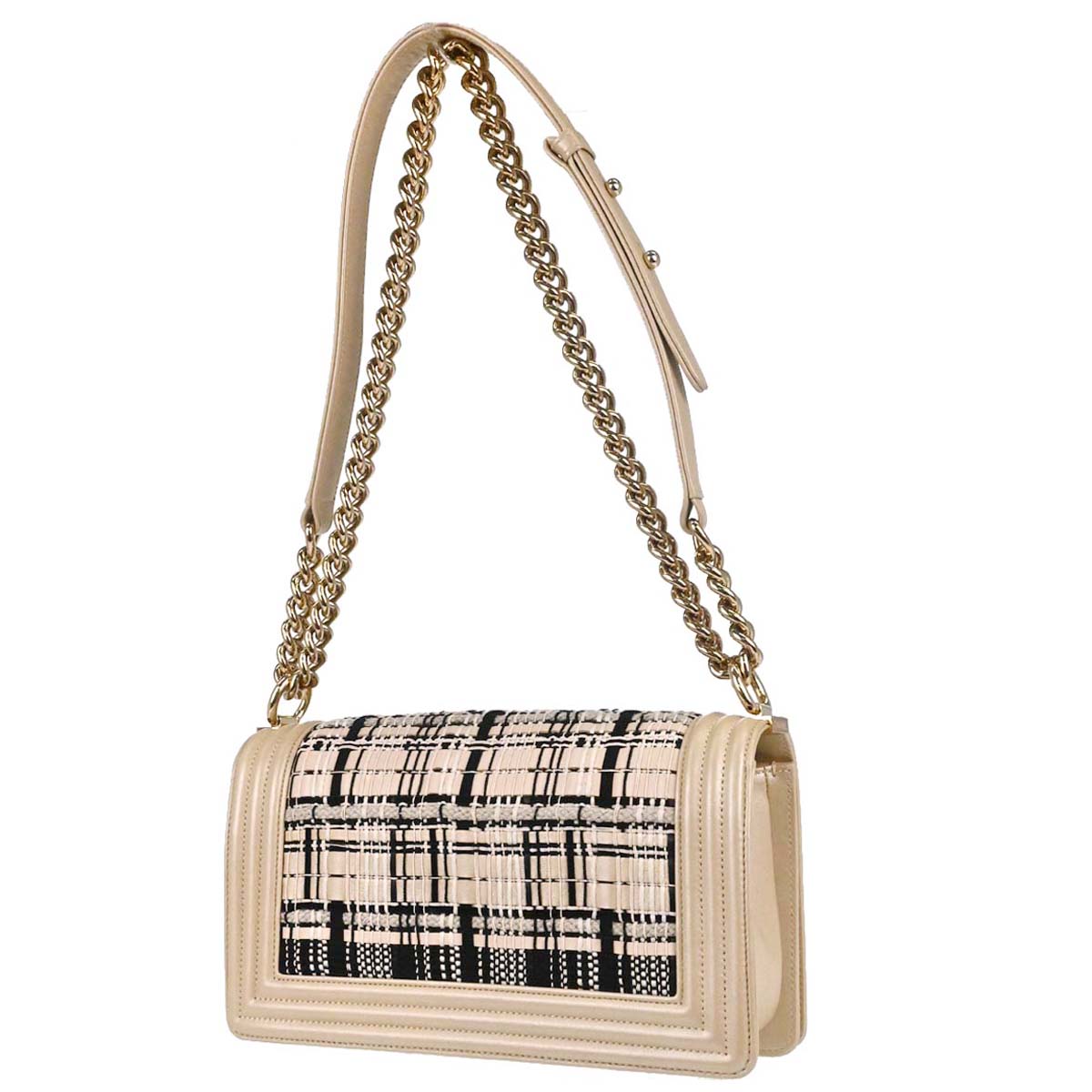 Boy Chanel 2019 Beige Tweed Lambskin Medium Double Chain Shoulder Bag