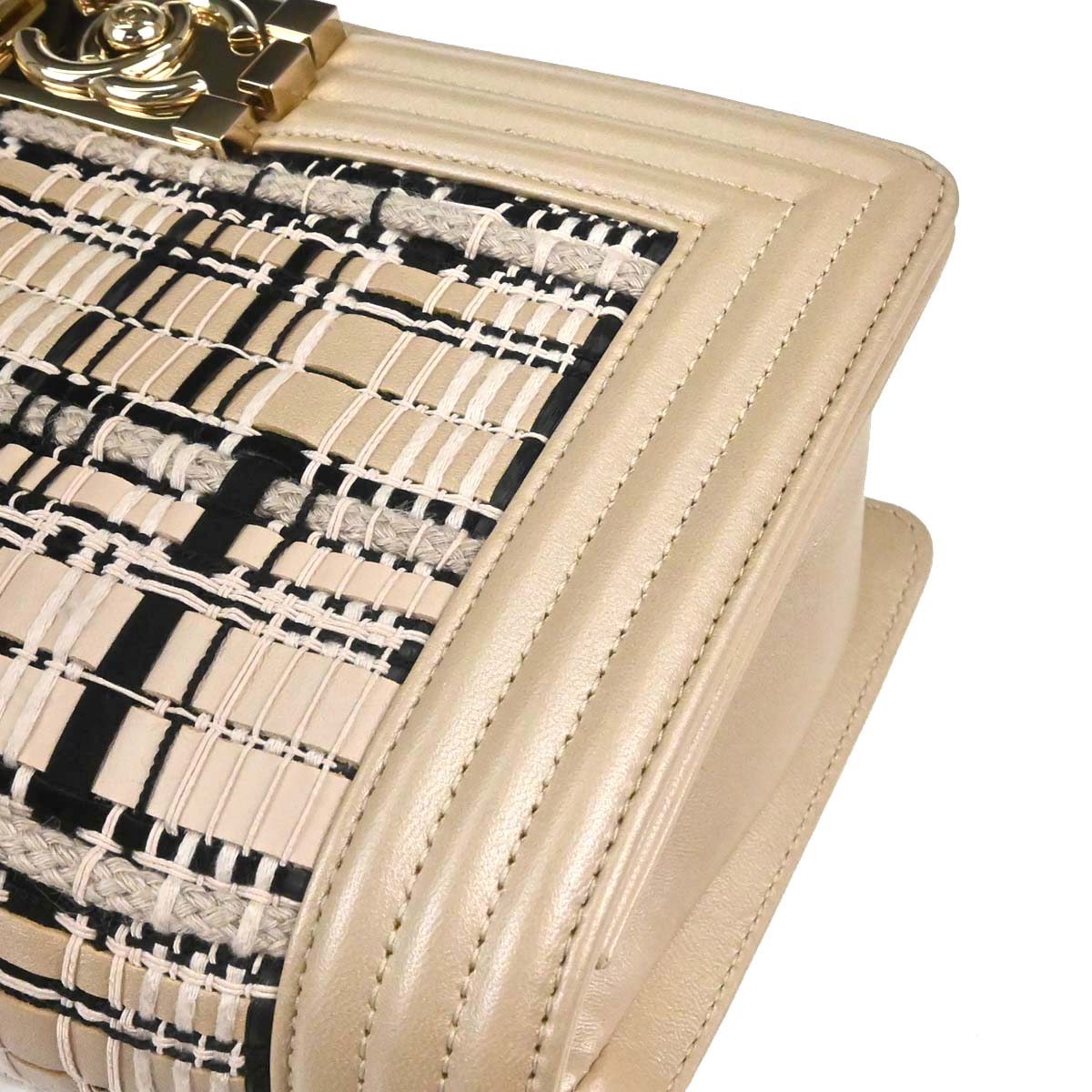 Boy Chanel 2019 Beige Tweed Lambskin Medium Double Chain Shoulder Bag