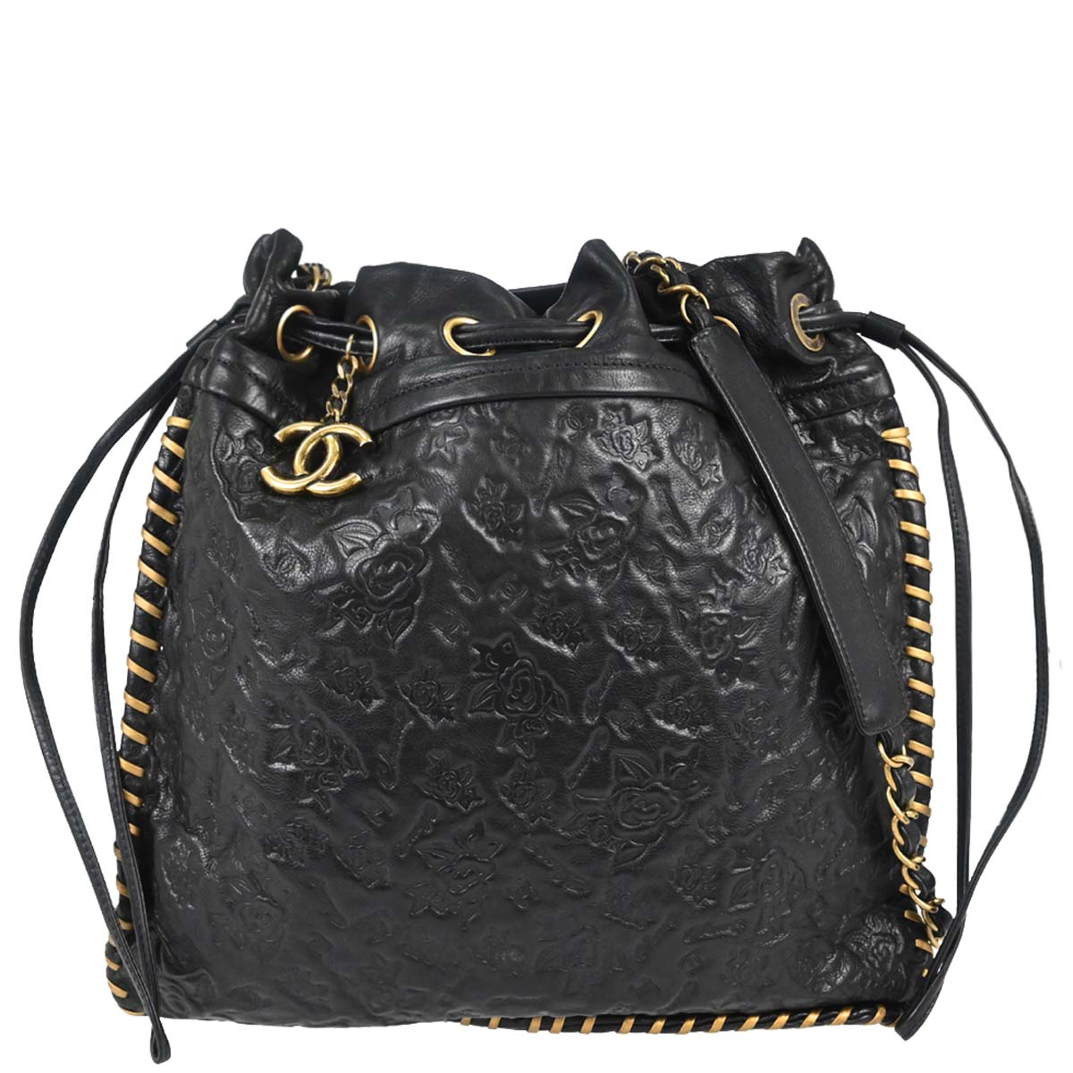 Chanel Black Embossed Calfskin Icon Drawstring Bucket Shoulder Bag
