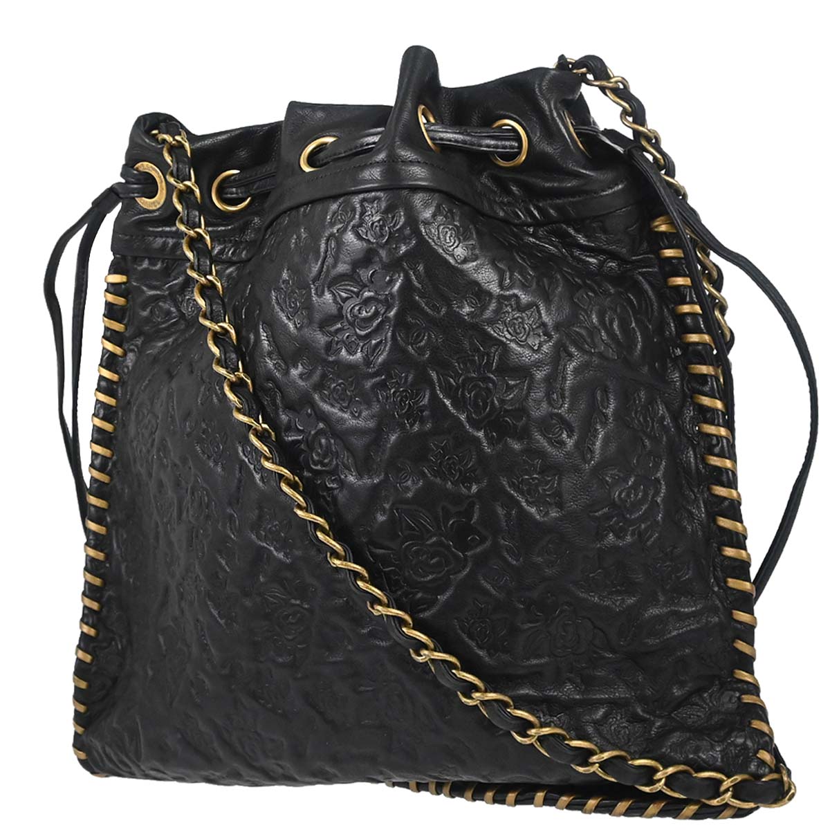 Chanel Black Embossed Calfskin Icon Drawstring Bucket Shoulder Bag