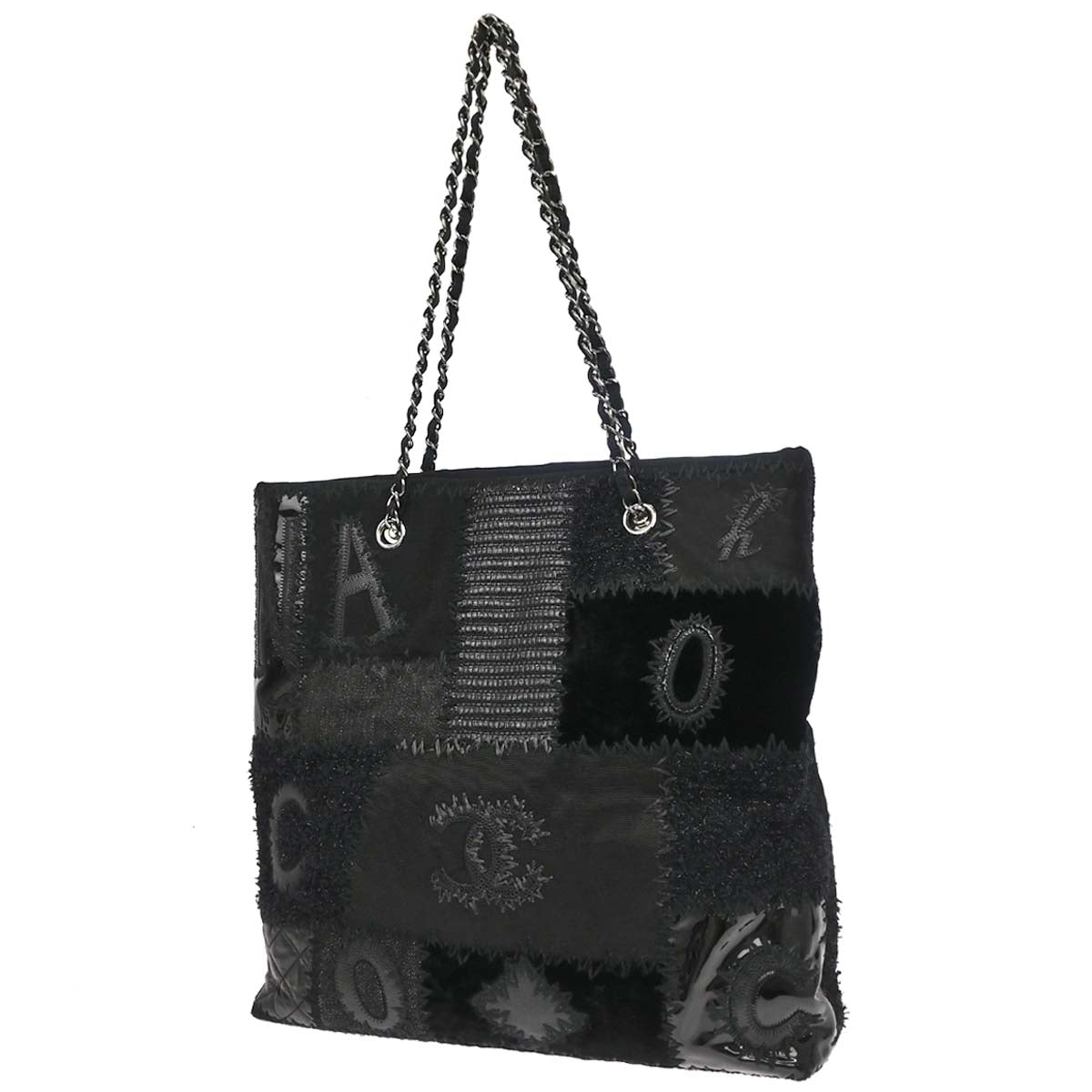 Chanel 2018 Black Tweed Patchwork Chain Tote Bag