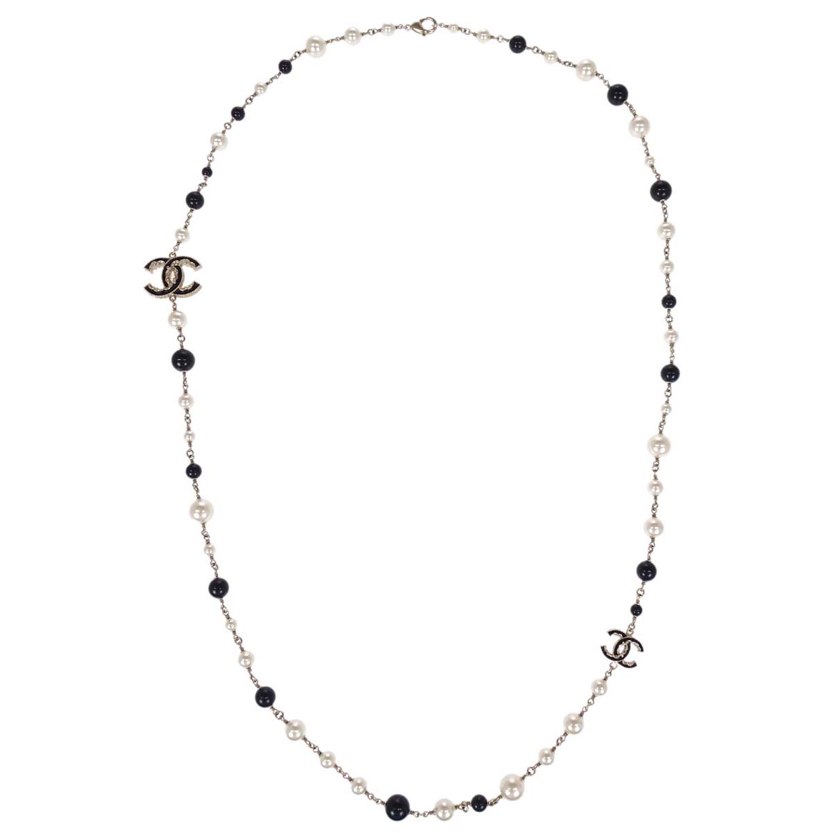 Chanel Long Chain Necklace CC Gold Black Costume Pearl B14V