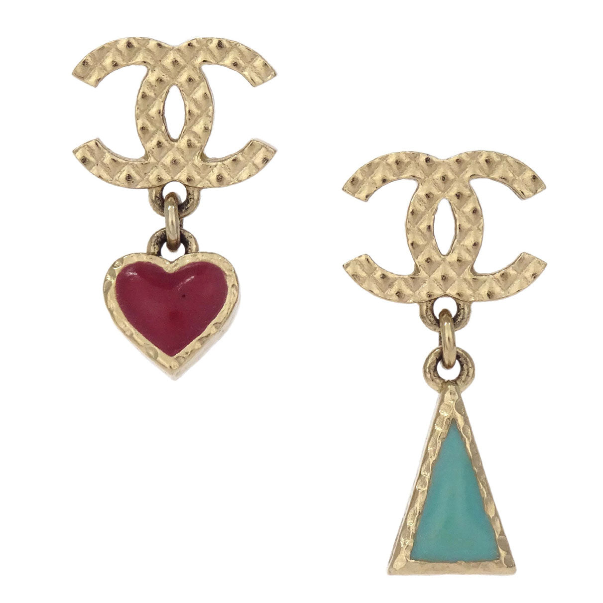 Chanel Dangle Heart Triangle Pierced Earrings CC Gold A18V