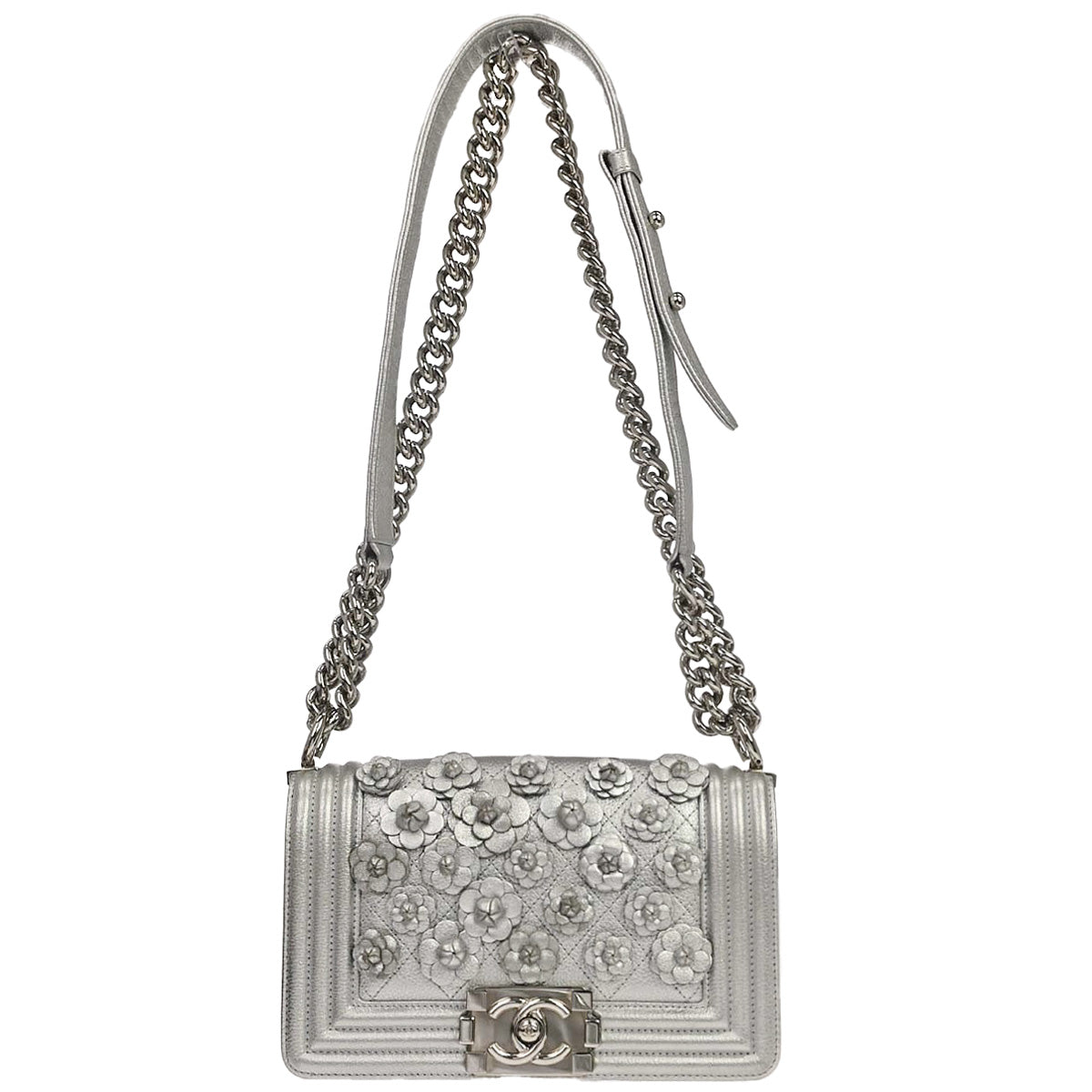 Boy Chanel Silver Lambskin Camellia Applique Small Chain Shoulder Bag