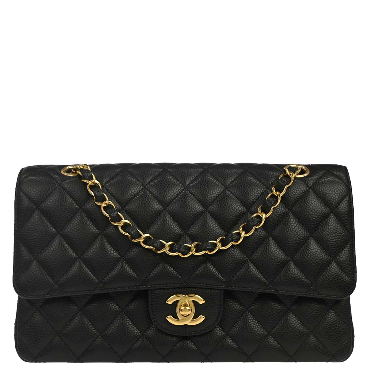 Chanel 2014 Black Caviar Skin Medium Classic Double Flap Shoulder Bag