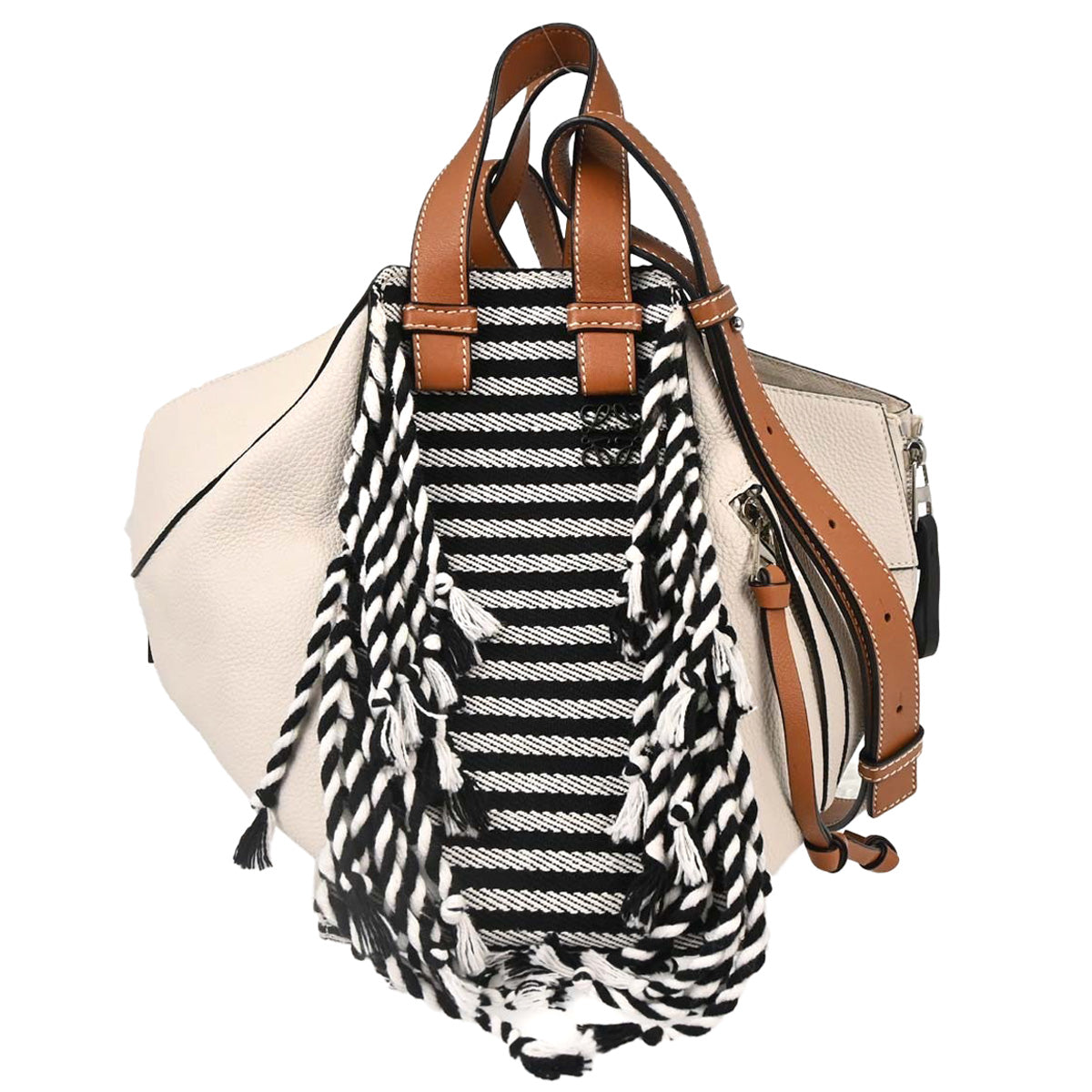 Loewe White Hammock Striped Fringe 2way Shoulder Tote Handbag