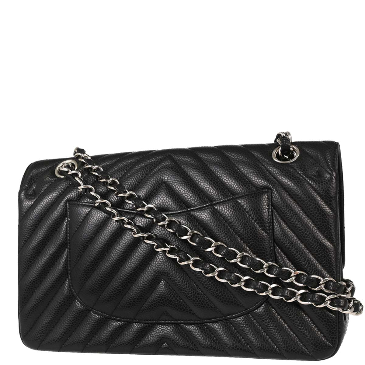 Chanel Black Caviar Skin Chevron Medium Classic Double Flap Shoulder Bag