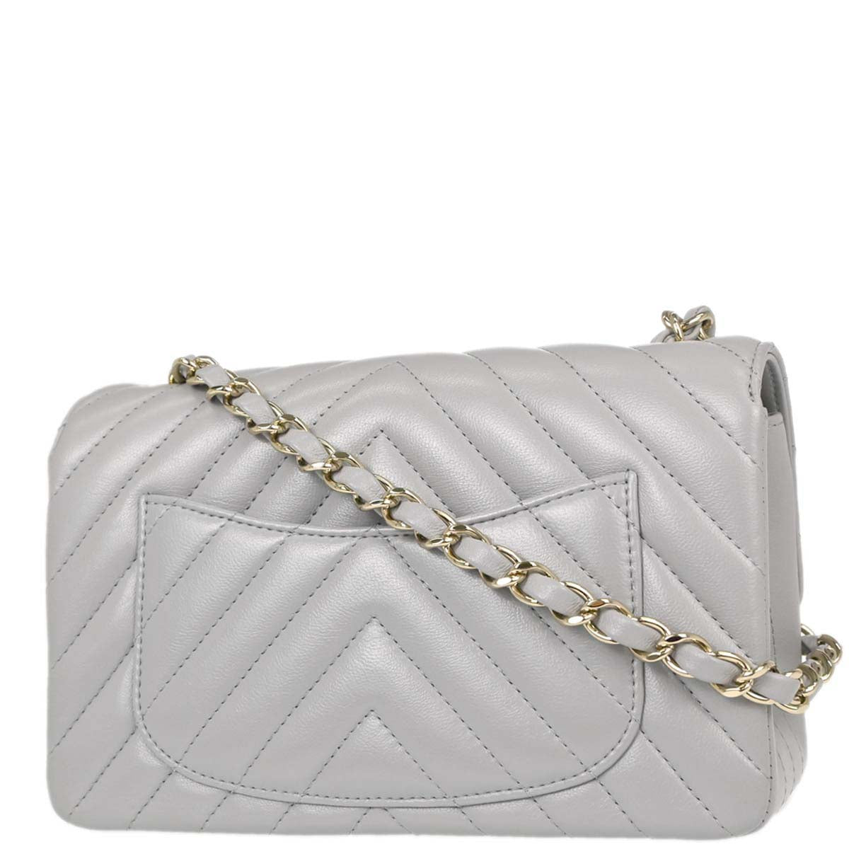 Chanel Gray Lambskin Chevron Single Flap Shoulder Bag