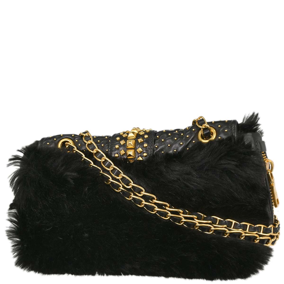 Prada Black Lambskin Faux Fur Studded Shoulder Bag